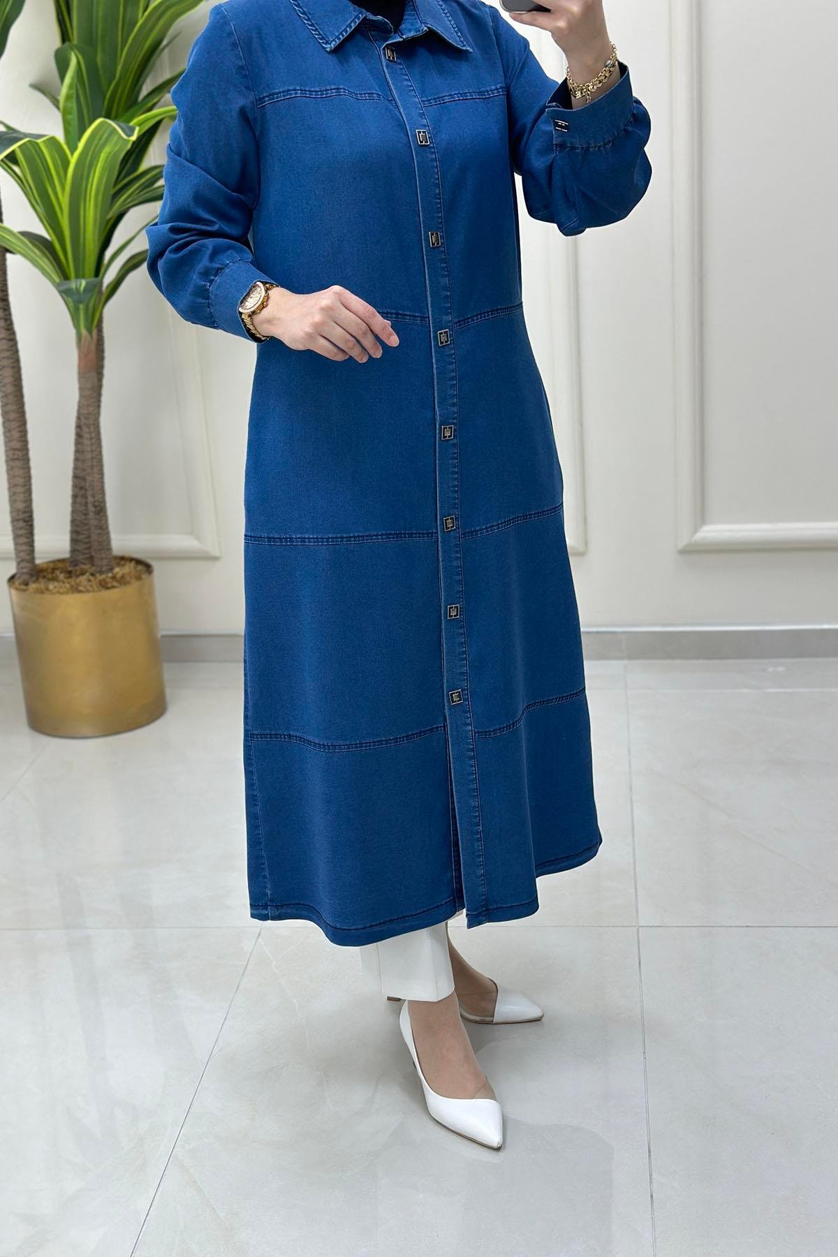 Tesettür Tunik ModelleriTensel Kot Önü Çıtçıtlı Kadın Giyçık Tunik Mavi BRL 7028