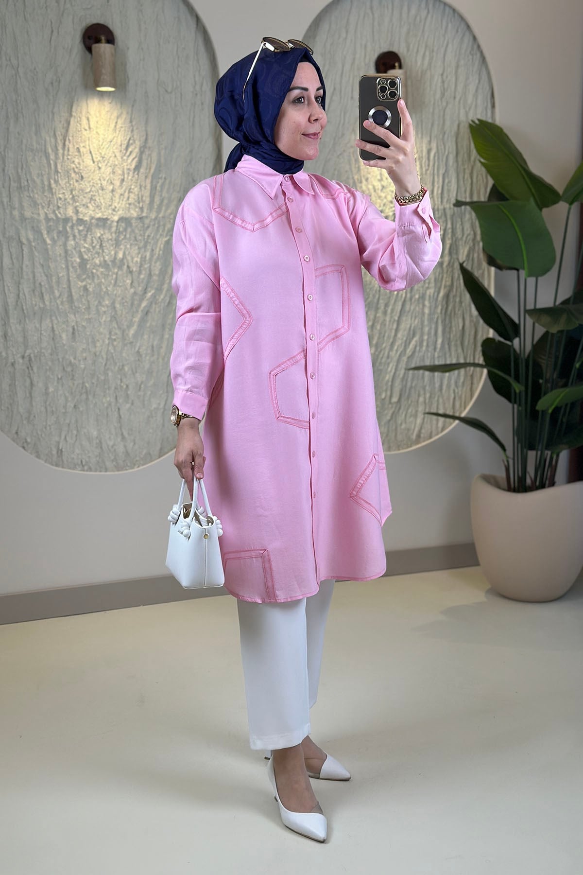 Tesettür Tunik ModelleriTensel Önü Düğmeli Şerit Kombinli Kadın Tunik Pembe EYL 2219