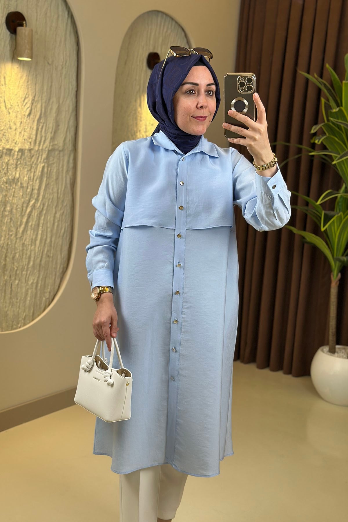 Tesettür Tunik ModelleriTensel Önü Düğmeli Allerli Kadın Tunik Mavi EYL 2212