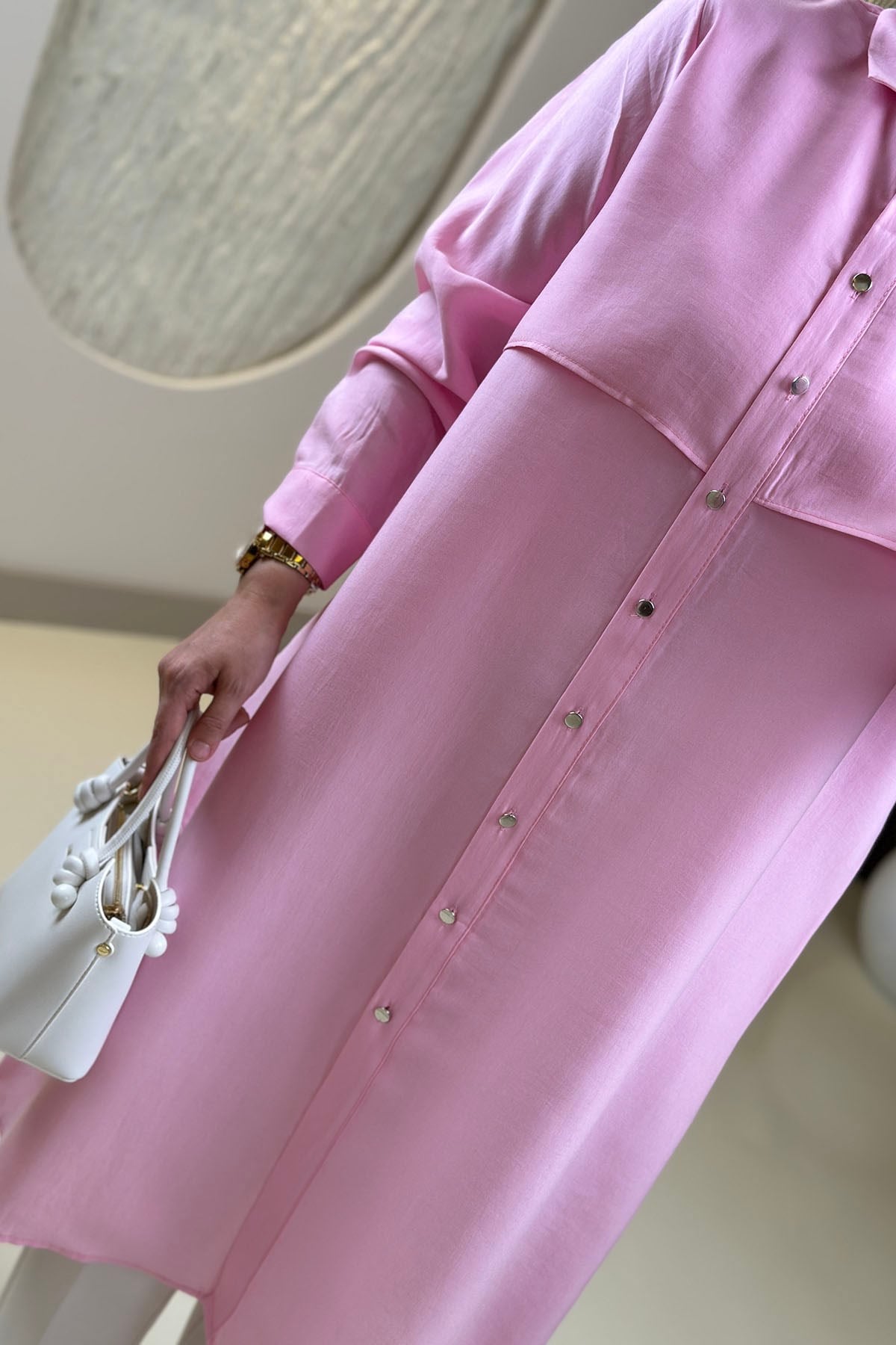 Tesettür Tunik ModelleriTensel Önü Düğmeli Allerli Kadın Tunik Pembe EYL 2212