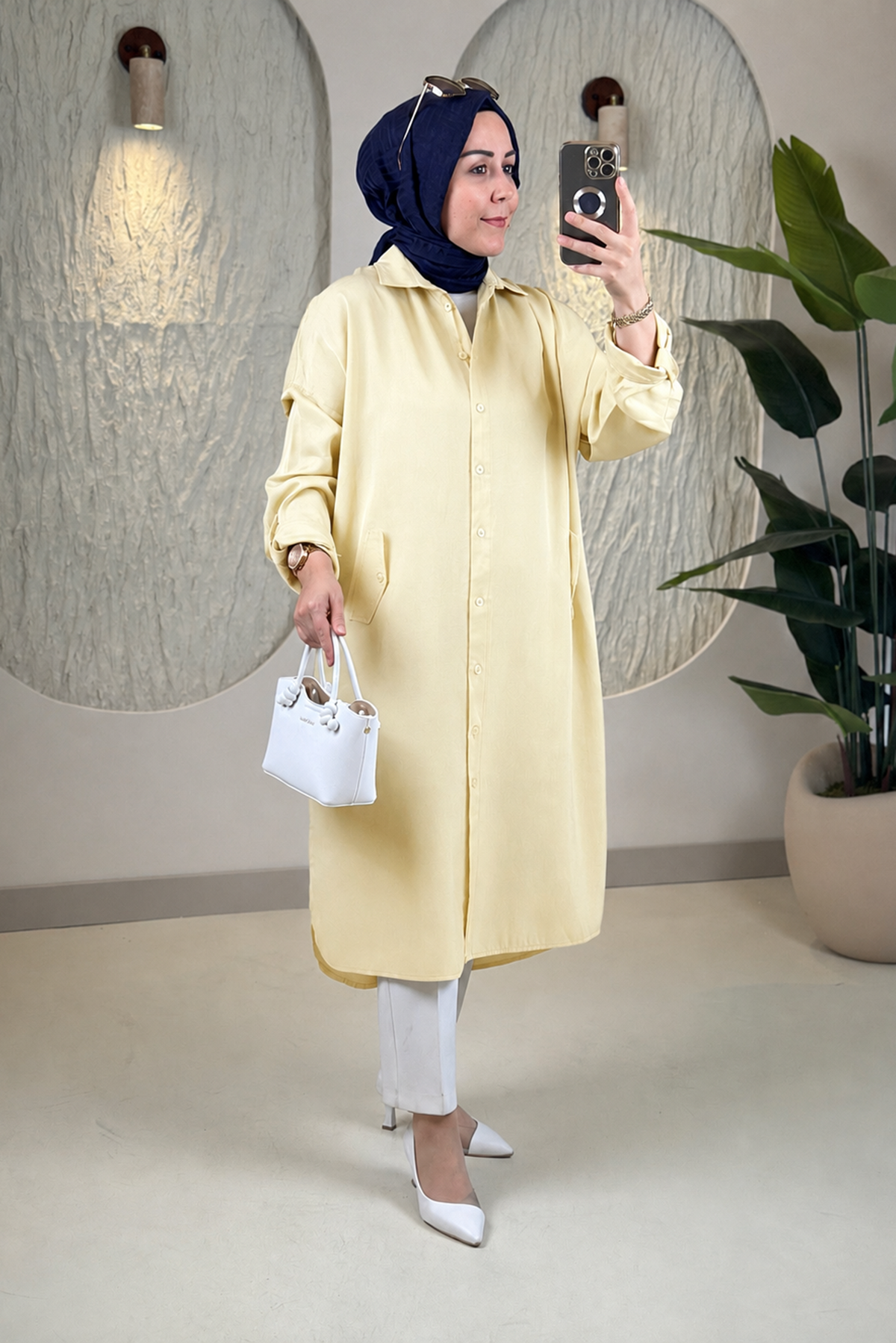 Tesettür Tunik ModelleriTensel Önü Düğmeli Katlama Kol Kadın Tunik Sarı EYL 1980