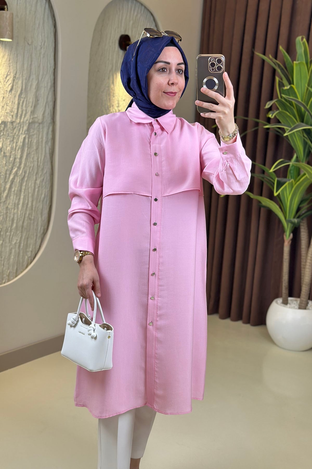 Tesettür Tunik ModelleriTensel Önü Düğmeli Allerli Kadın Tunik Pembe EYL 2212