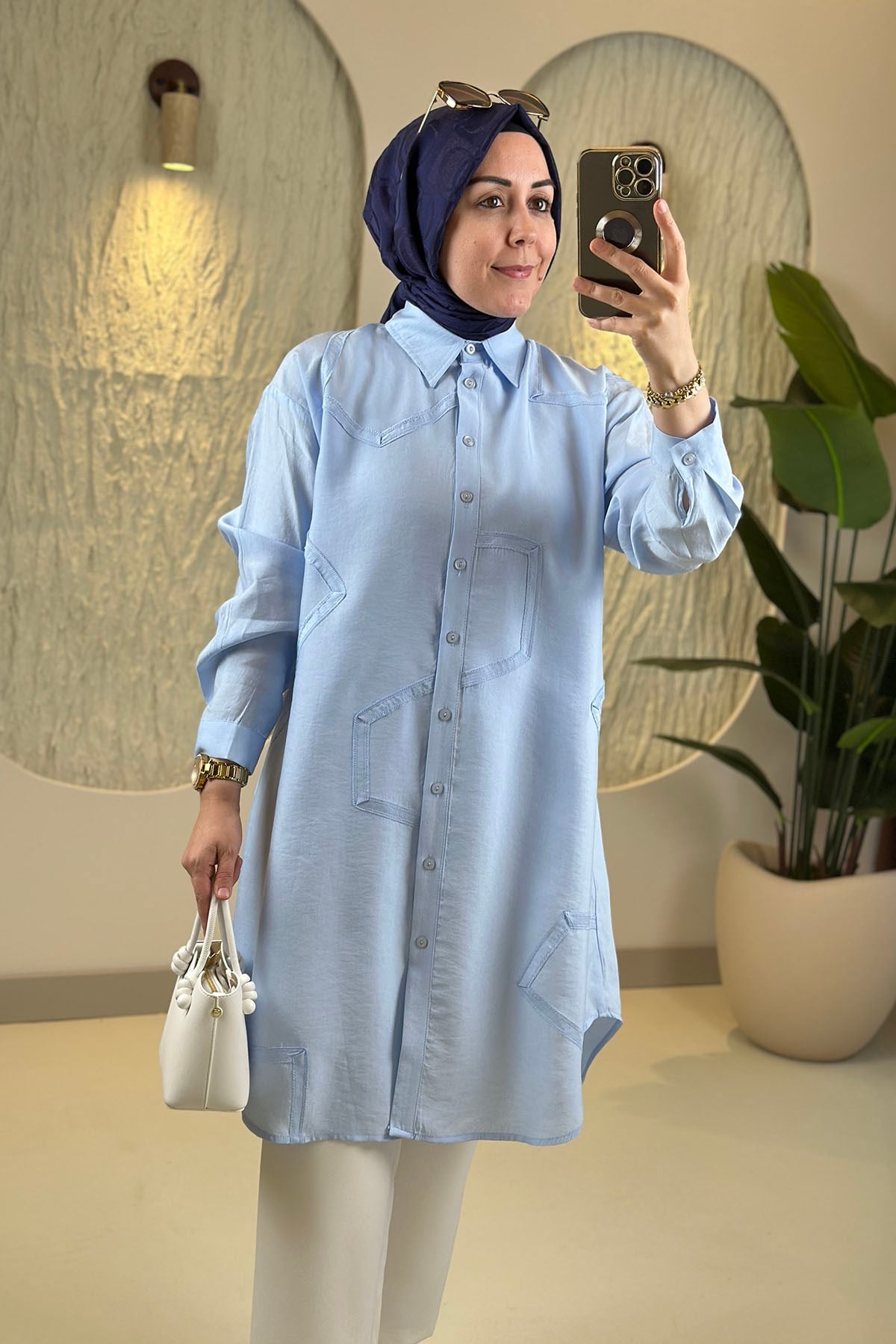 Tesettür Tunik ModelleriTensel Önü Düğmeli Şerit Kombinli Kadın Tunik Mavi EYL 2219