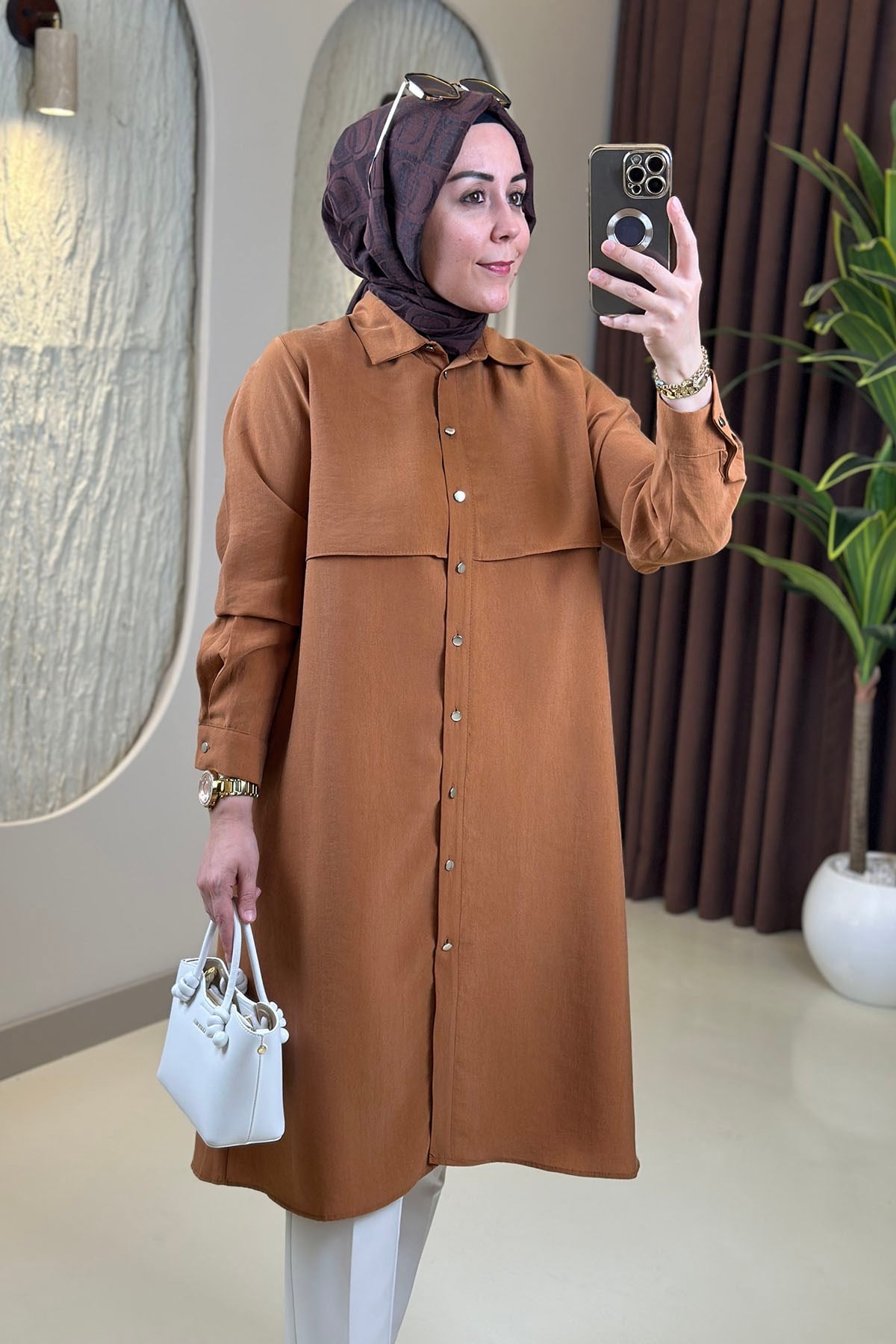 Tesettür Tunik ModelleriTensel Önü Düğmeli Allerli Kadın Tunik Kiremit EYL 2212