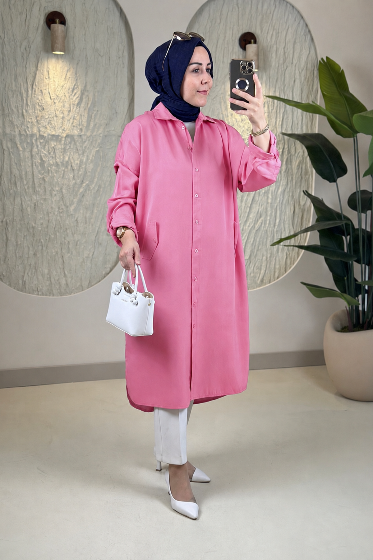 Tesettür Tunik ModelleriTensel Önü Düğmeli Katlama Kol Kadın Tunik Pembe EYL 1980