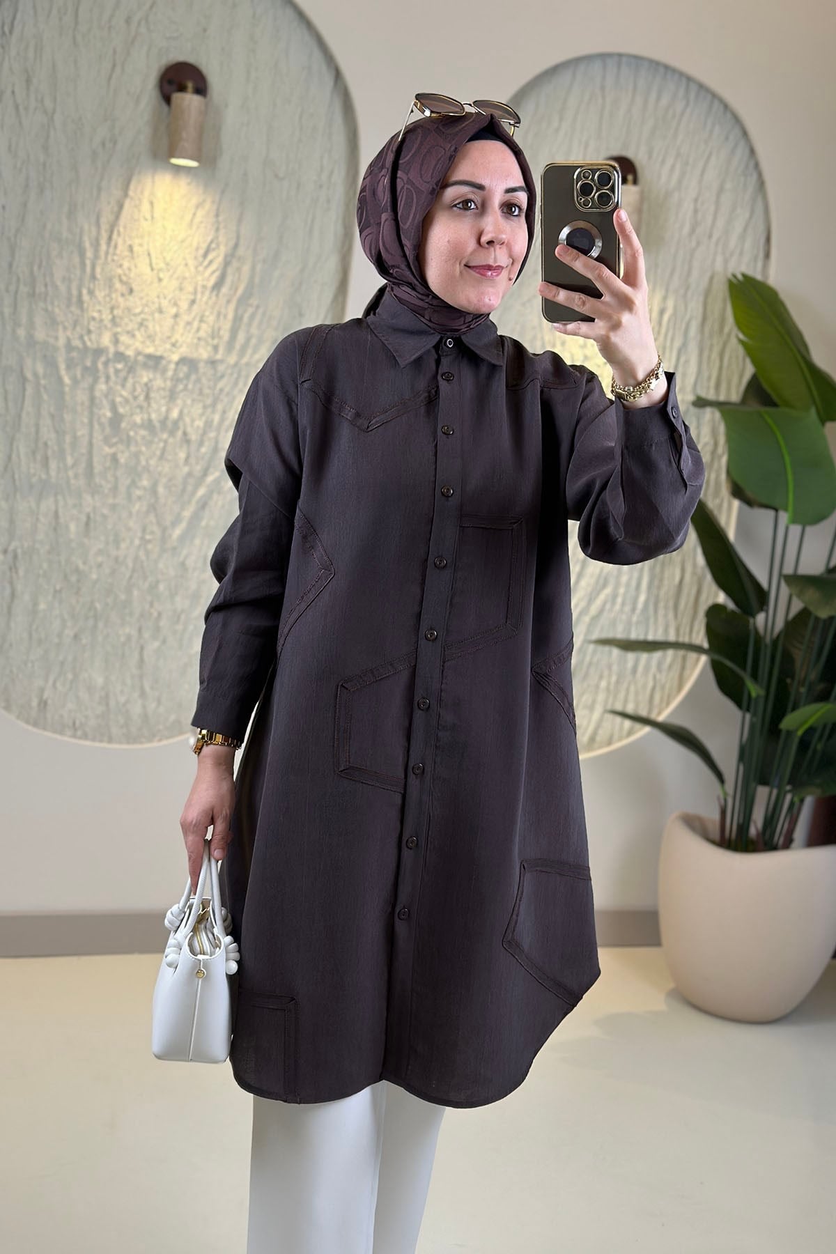 Tesettür Tunik ModelleriTensel Önü Düğmeli Şerit Kombinli Kadın Tunik Acı Kahve EYL 2219