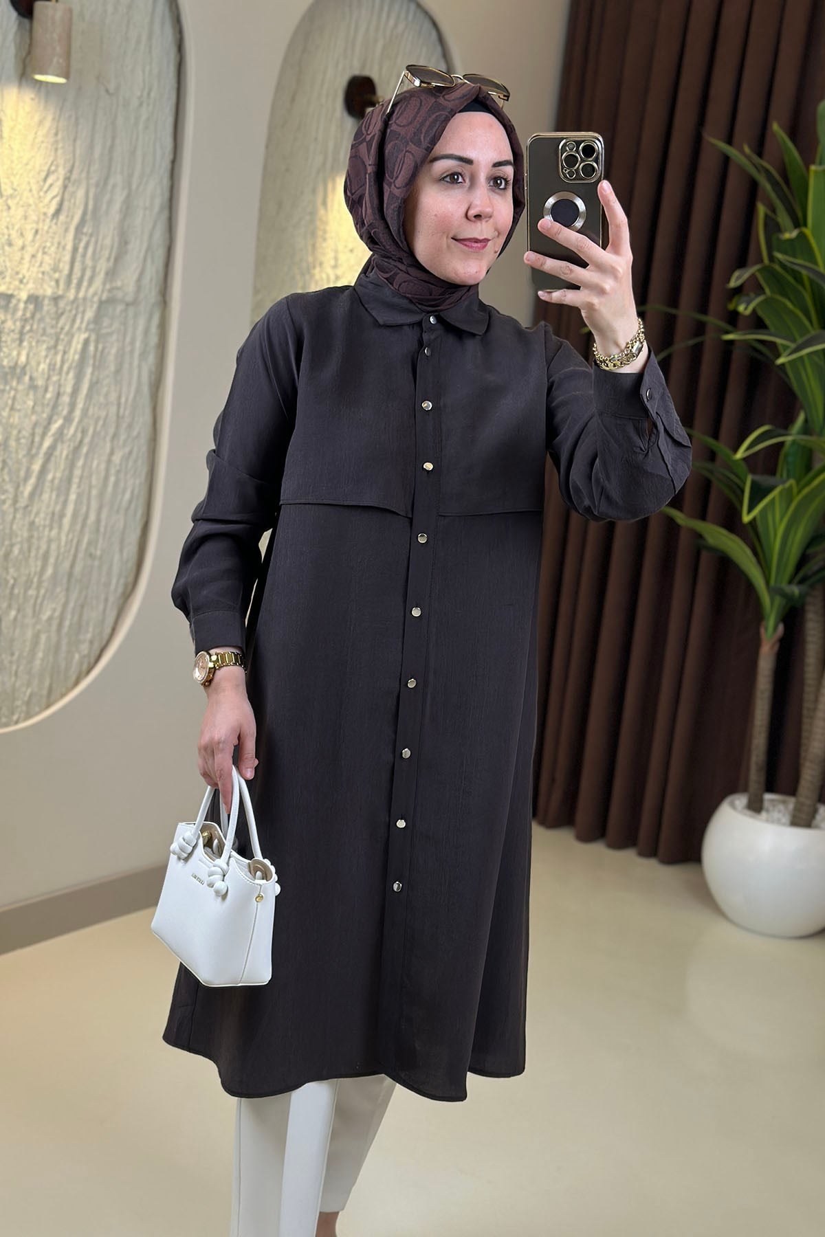 Tesettür Tunik ModelleriTensel Önü Düğmeli Allerli Kadın Tunik Acı Kahve EYL 2212