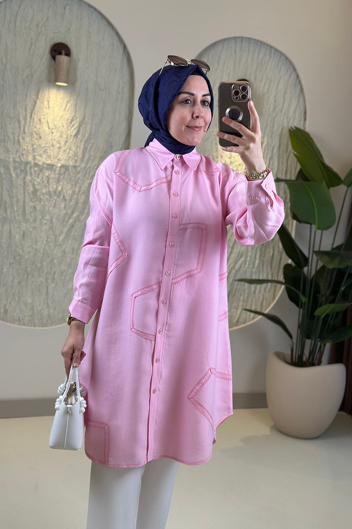 Tesettür Tunik ModelleriTensel Önü Düğmeli Şerit Kombinli Kadın Tunik Pembe EYL 2219