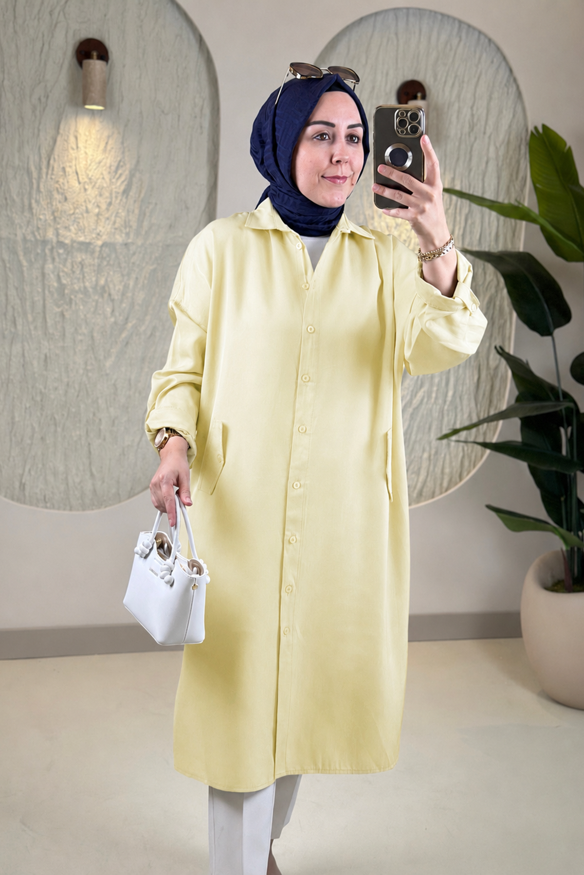 Tesettür Tunik ModelleriTensel Önü Düğmeli Katlama Kol Kadın Tunik Sarı EYL 1980