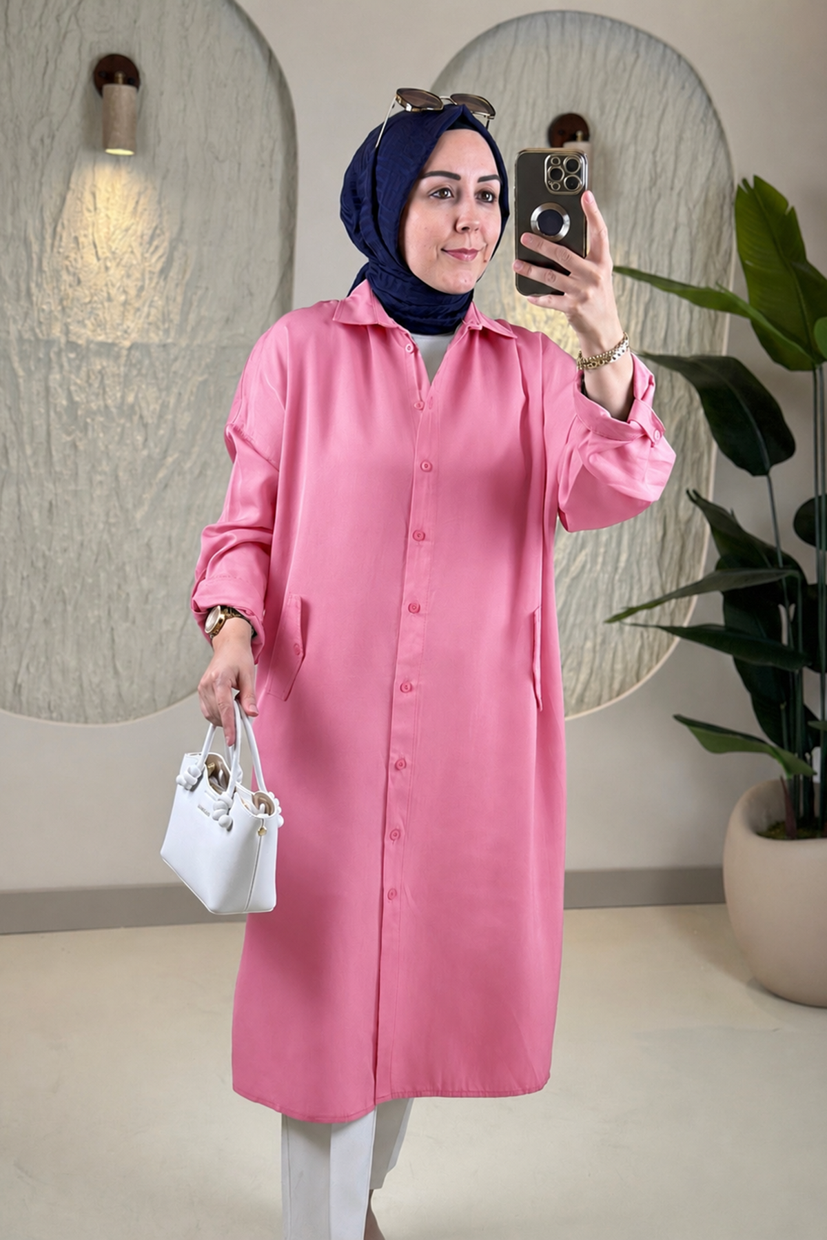 Tesettür Tunik ModelleriTensel Önü Düğmeli Katlama Kol Kadın Tunik Pembe EYL 1980