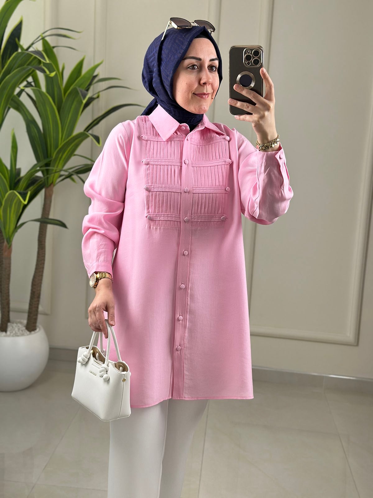 Tesettür Tunik ModelleriTensel Önü Nervürlü Düğme Detaylı Kadın Tunik Pembe EYL 2182