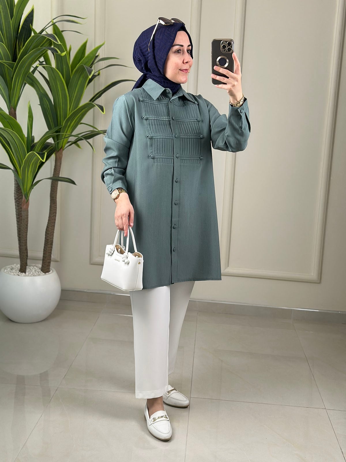 Tesettür Tunik ModelleriTensel Önü Nervürlü Düğme Detaylı Kadın Tunik Mint Yeşili EYL 2182