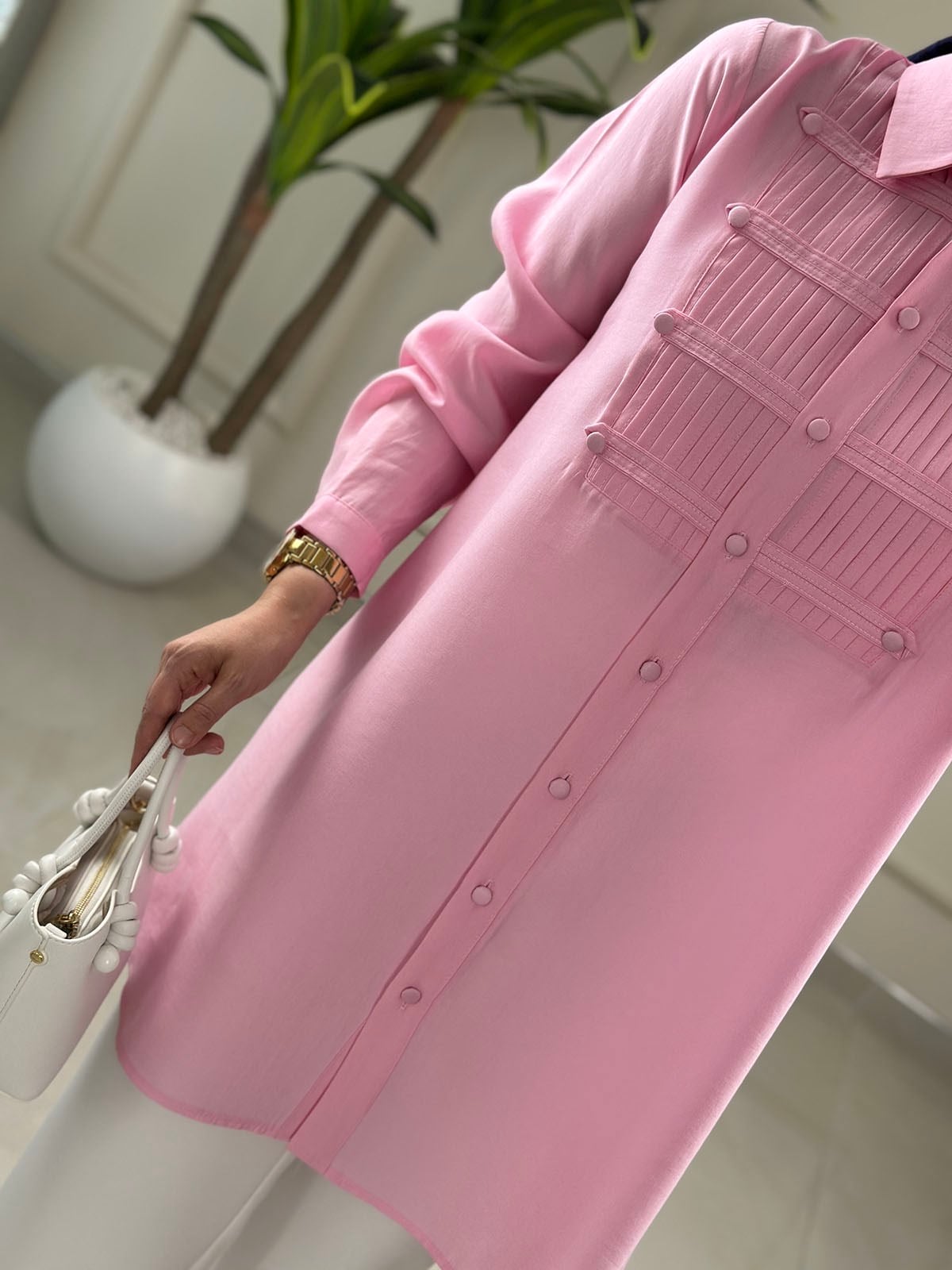 Tesettür Tunik ModelleriTensel Önü Nervürlü Düğme Detaylı Kadın Tunik Pembe EYL 2182