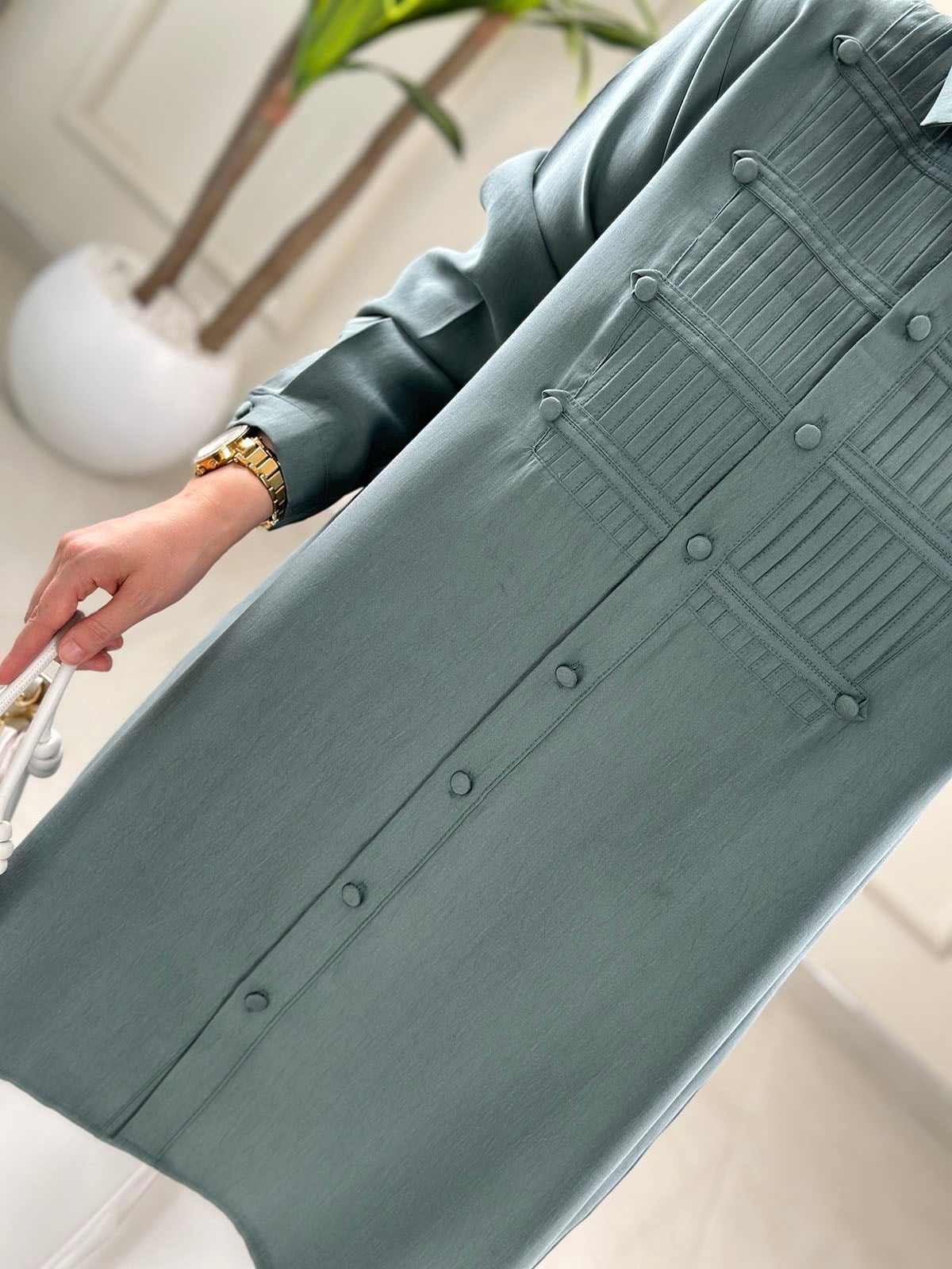 Tesettür Tunik ModelleriTensel Önü Nervürlü Düğme Detaylı Kadın Tunik Mint Yeşili EYL 2182
