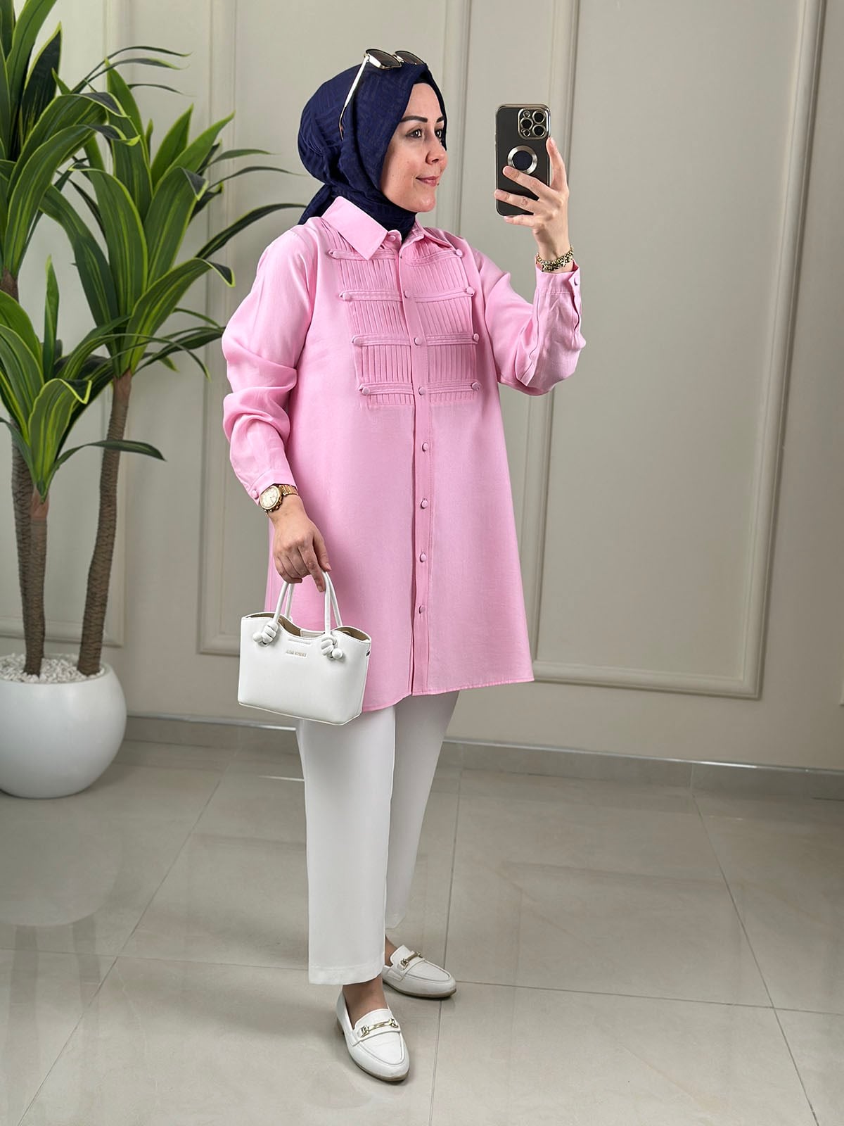 Tesettür Tunik ModelleriTensel Önü Nervürlü Düğme Detaylı Kadın Tunik Pembe EYL 2182
