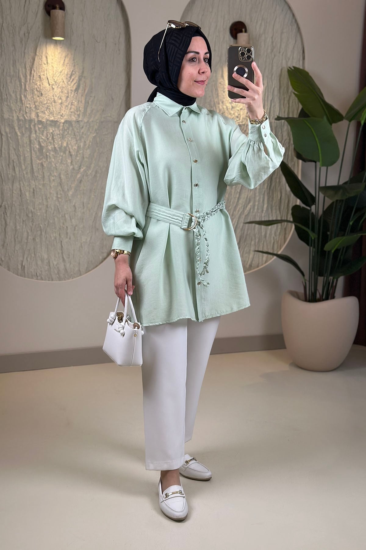 Tesettür Tunik ModelleriTensel Reglan Kol Örgü Kemerli Kadın Tunik Yeşil EYL 2172