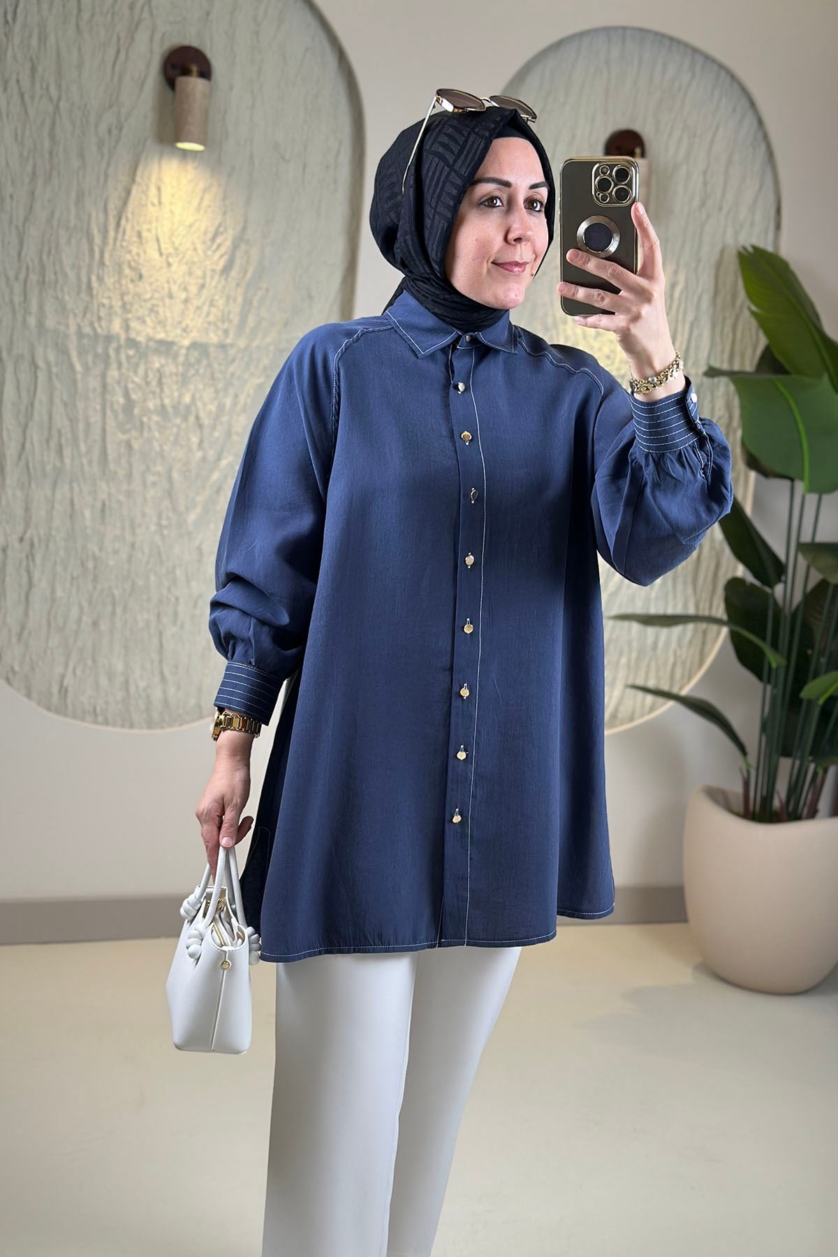 Tesettür Tunik ModelleriTensel Reglan Kol Örgü Kemerli Kadın Tunik Lacivert EYL 2172