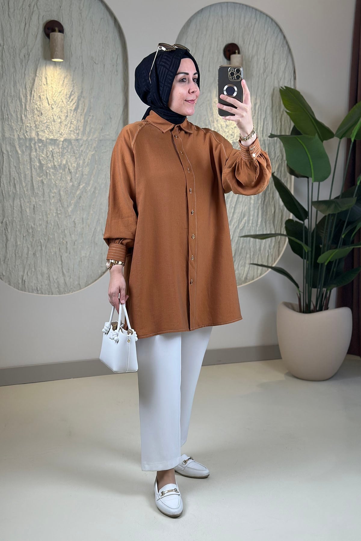 Tesettür Tunik ModelleriTensel Reglan Kol Örgü Kemerli Kadın Tunik Kiremit EYL 2172