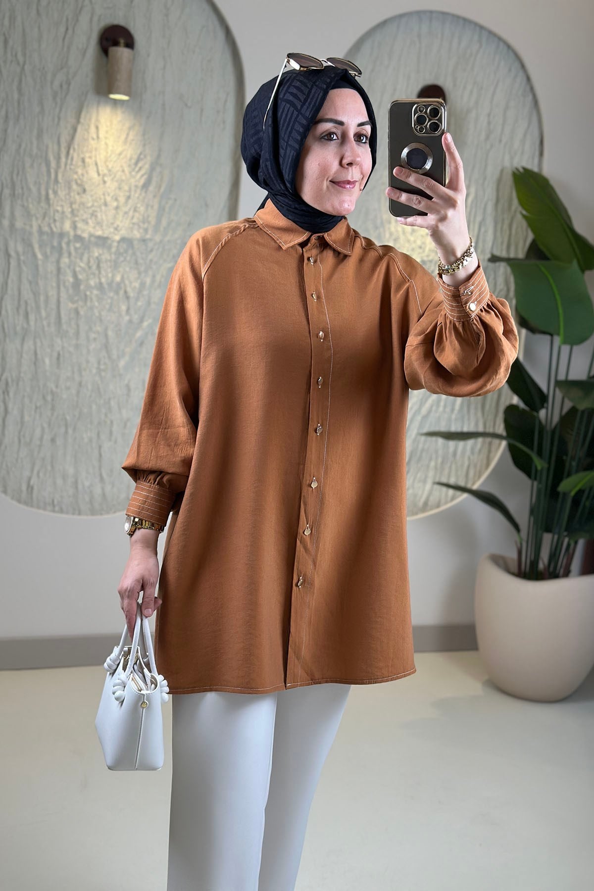 Tesettür Tunik ModelleriTensel Reglan Kol Örgü Kemerli Kadın Tunik Kiremit EYL 2172