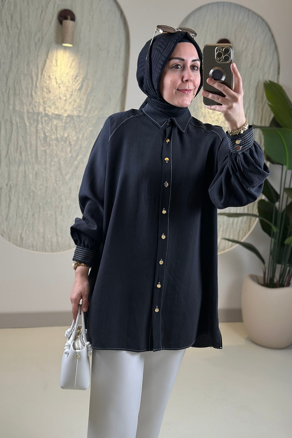 Tesettür Tunik ModelleriTensel Reglan Kol Örgü Kemerli Kadın Tunik Siyah EYL 2172