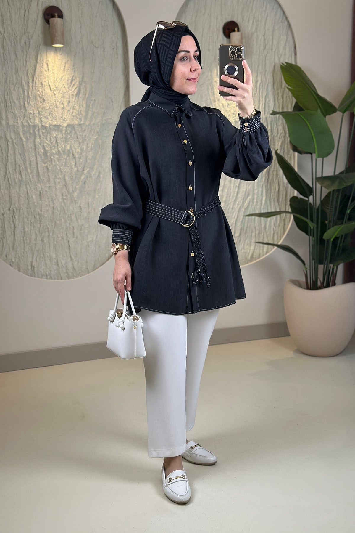 Tesettür Tunik ModelleriTensel Reglan Kol Örgü Kemerli Kadın Tunik Siyah EYL 2172