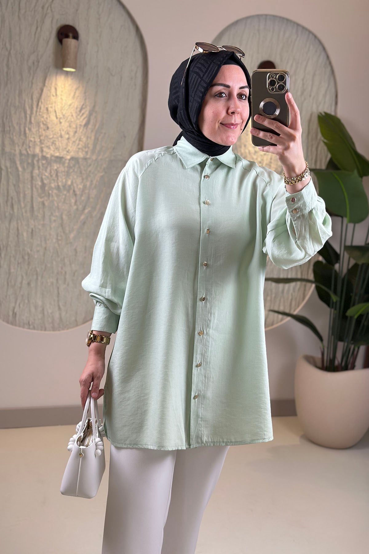 Tesettür Tunik ModelleriTensel Reglan Kol Örgü Kemerli Kadın Tunik Yeşil EYL 2172