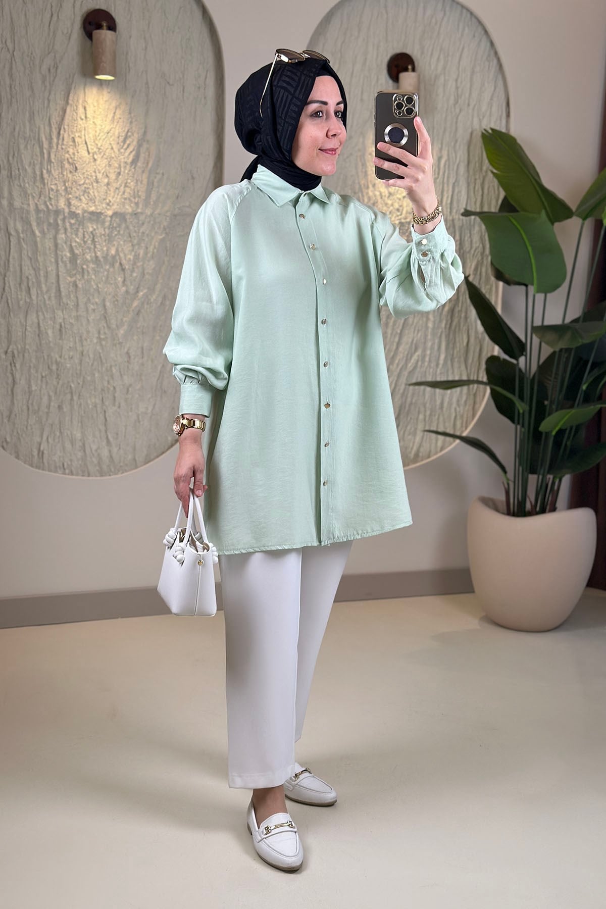 Tesettür Tunik ModelleriTensel Reglan Kol Örgü Kemerli Kadın Tunik Yeşil EYL 2172