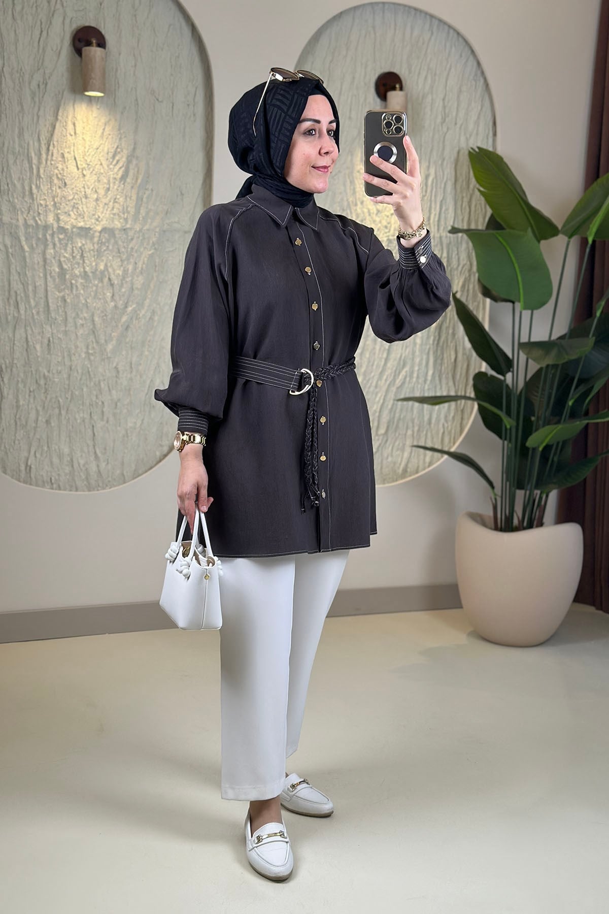Tesettür Tunik ModelleriTensel Reglan Kol Örgü Kemerli Kadın Tunik Acı Kahve EYL 2172