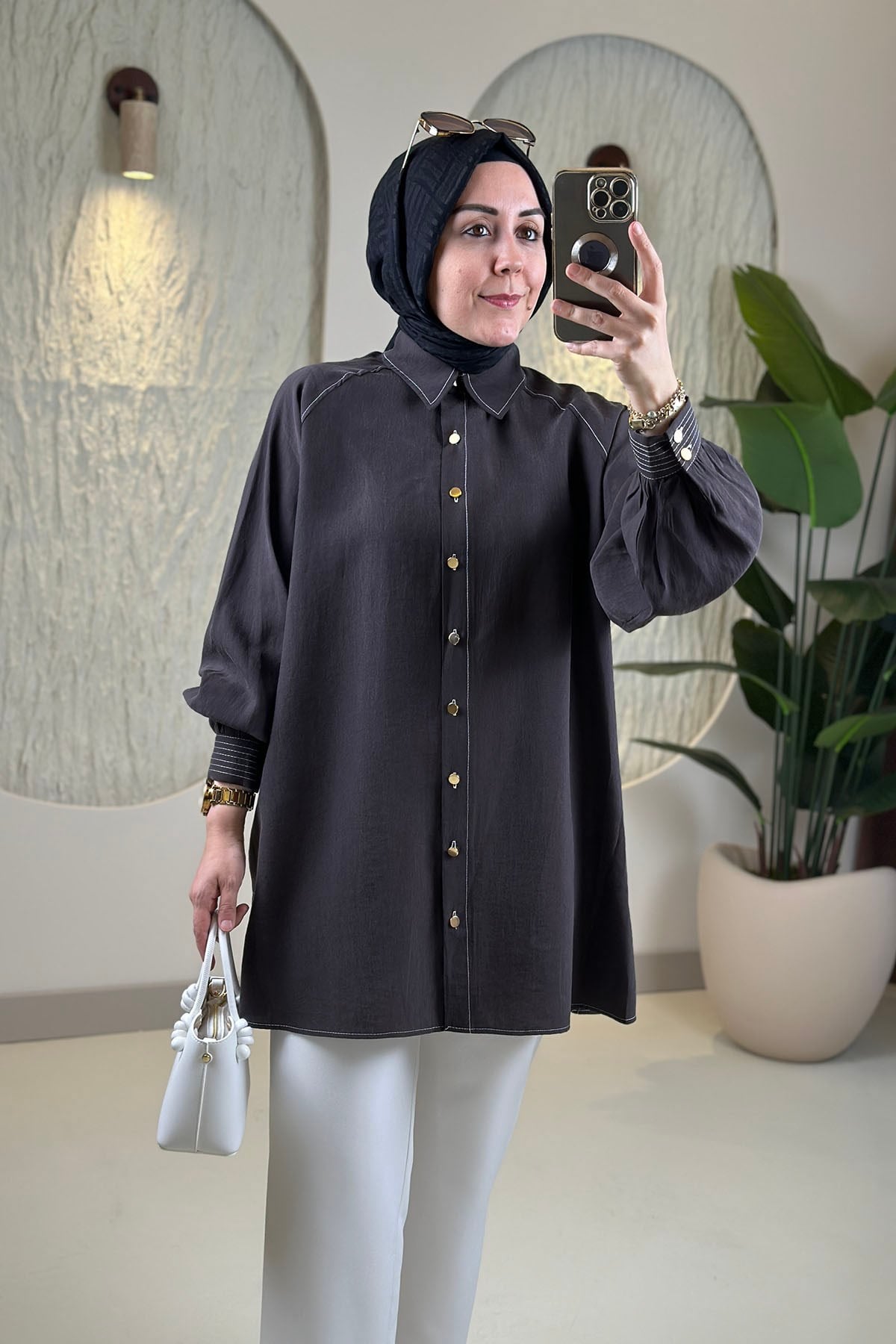 Tesettür Tunik ModelleriTensel Reglan Kol Örgü Kemerli Kadın Tunik Acı Kahve EYL 2172