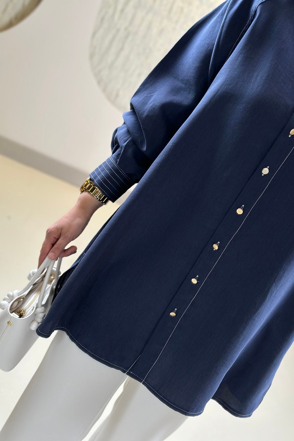 Tesettür Tunik ModelleriTensel Reglan Kol Örgü Kemerli Kadın Tunik Lacivert EYL 2172