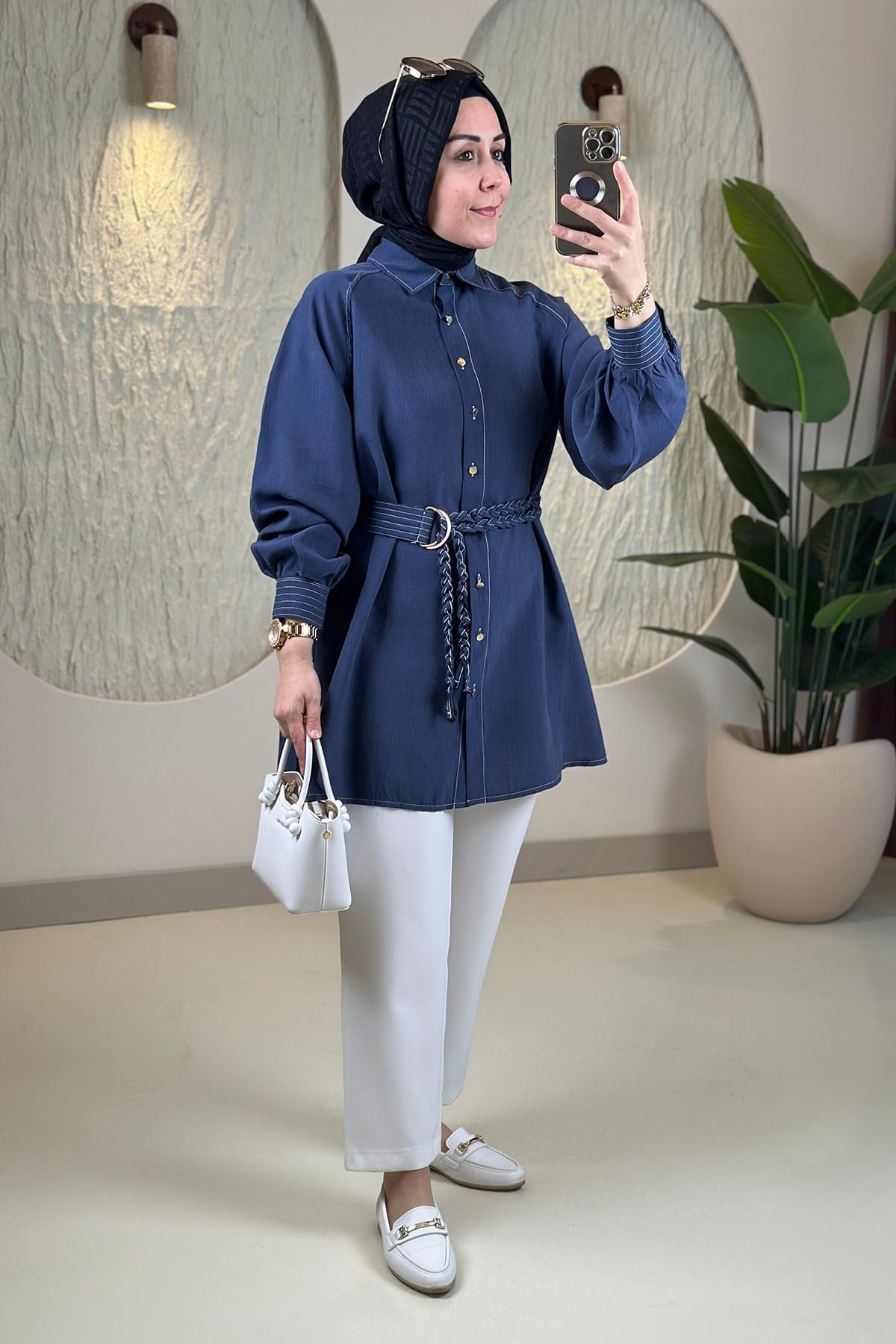 Tesettür Tunik ModelleriTensel Reglan Kol Örgü Kemerli Kadın Tunik Lacivert EYL 2172