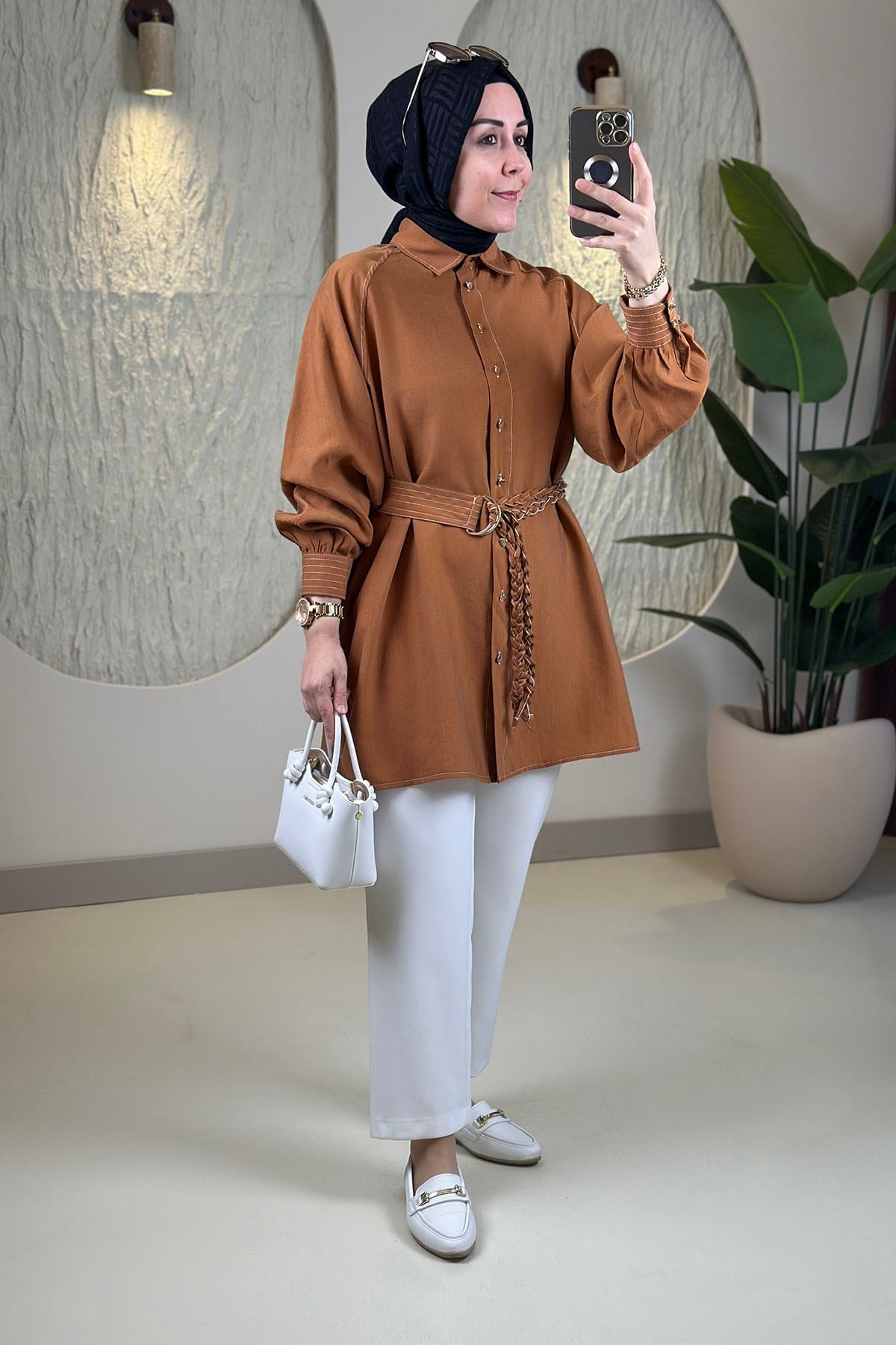 Tesettür Tunik ModelleriTensel Reglan Kol Örgü Kemerli Kadın Tunik Kiremit EYL 2172