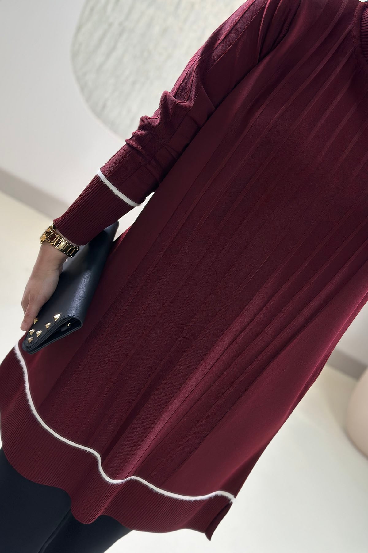 Tesettür Tunik ModelleriTriko Renk Garnili Kendinden Çizgili Kadın Tunik Bordo KADO 2726072