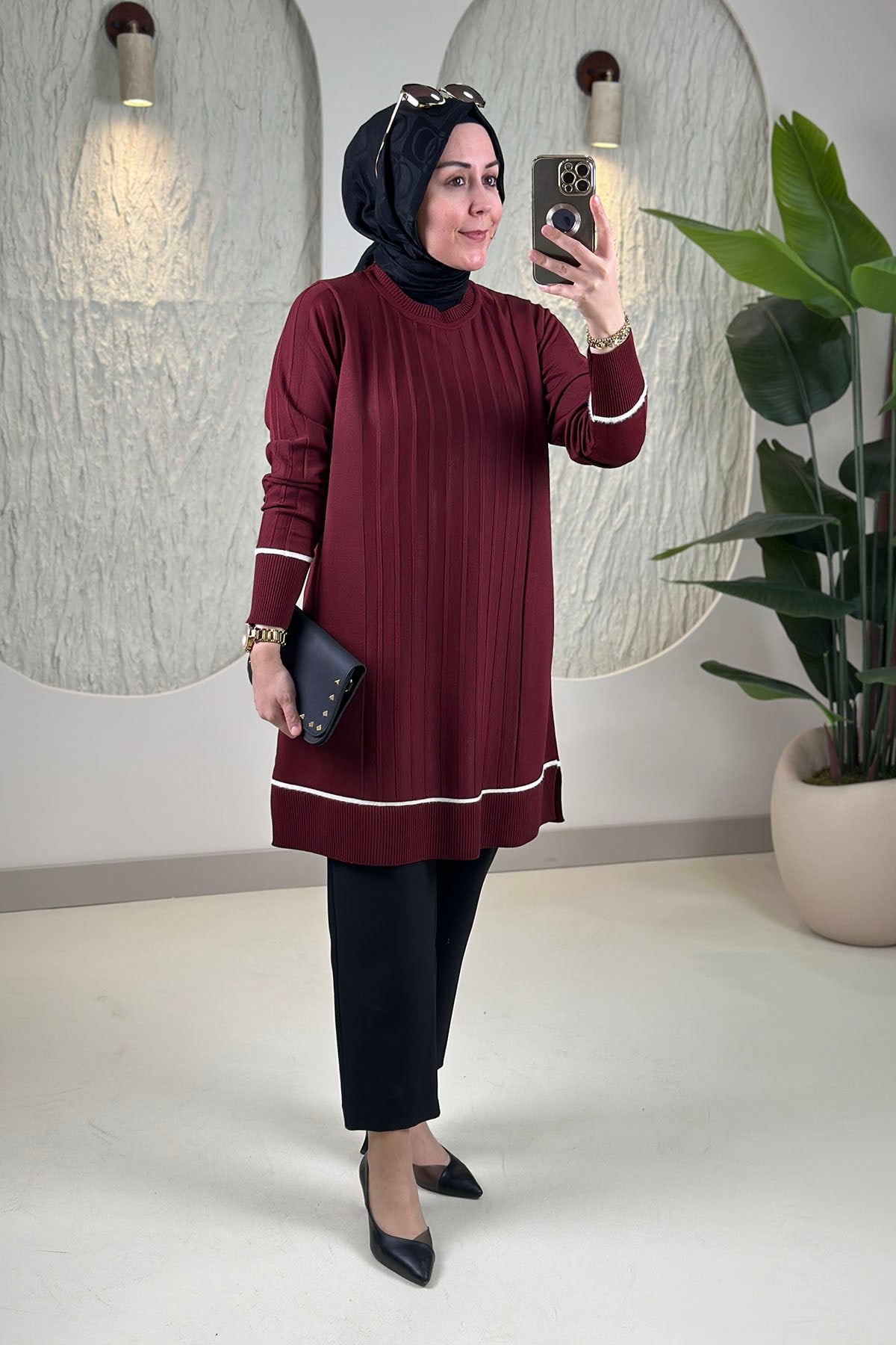 Tesettür Tunik ModelleriTriko Renk Garnili Kendinden Çizgili Kadın Tunik Bordo KADO 2726072
