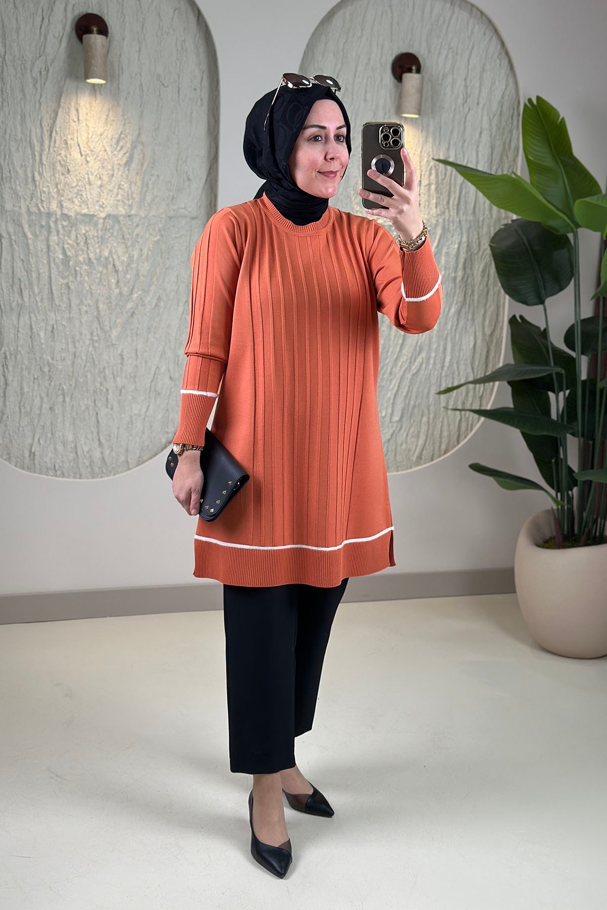Tesettür Tunik ModelleriTriko Renk Garnili Kendinden Çizgili Kadın Tunik Turuncu KADO 2726072