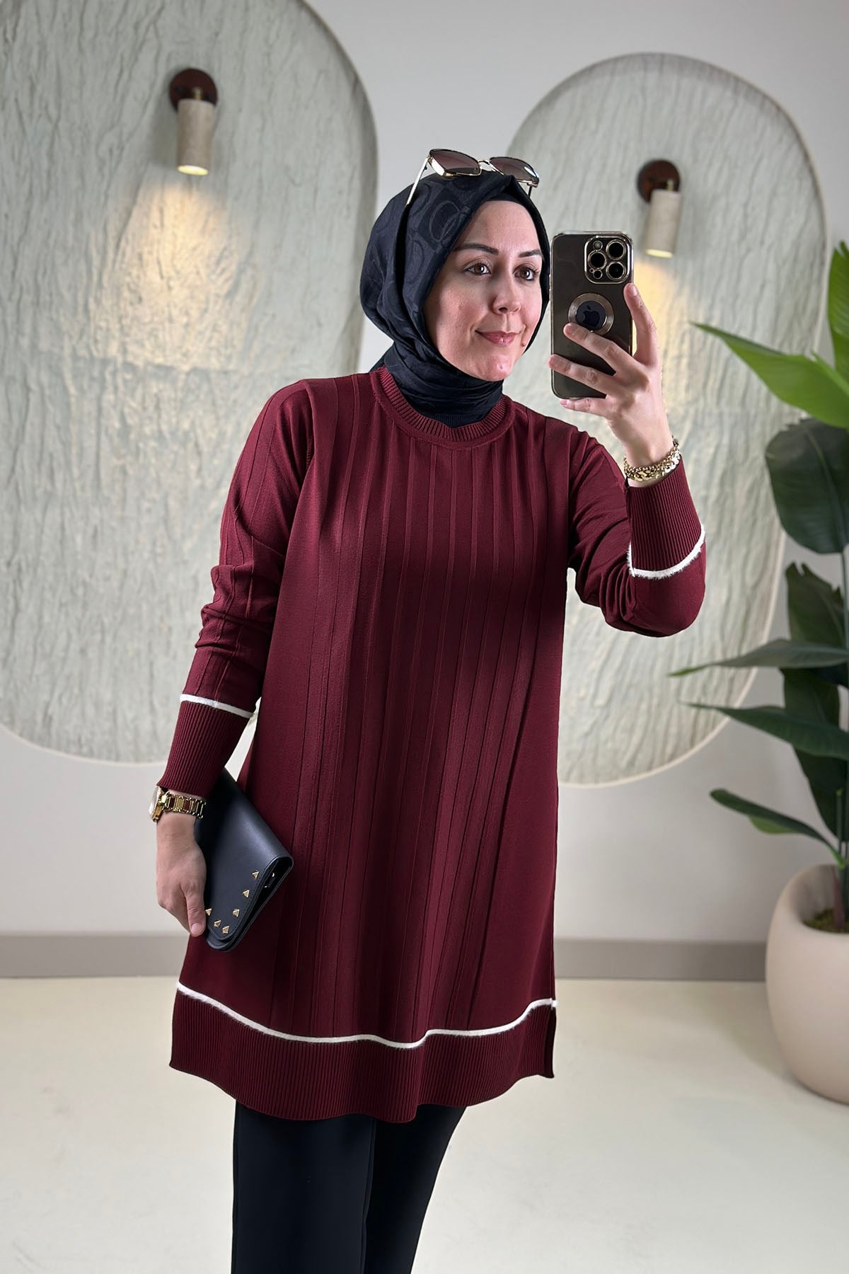 Tesettür Tunik ModelleriTriko Renk Garnili Kendinden Çizgili Kadın Tunik Bordo KADO 2726072