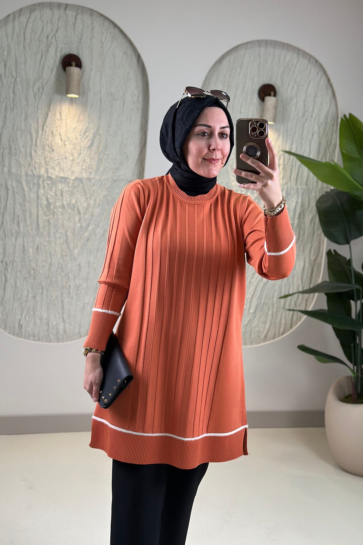Tesettür Tunik ModelleriTriko Renk Garnili Kendinden Çizgili Kadın Tunik Turuncu KADO 2726072