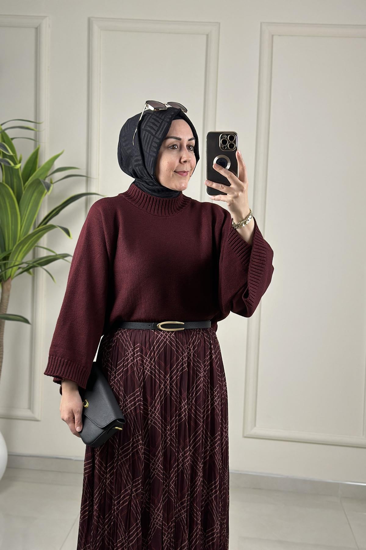 Tesettür Tunik ModelleriTriko Yarasa Kol Kadın Bluz Bordo SAGA 906090