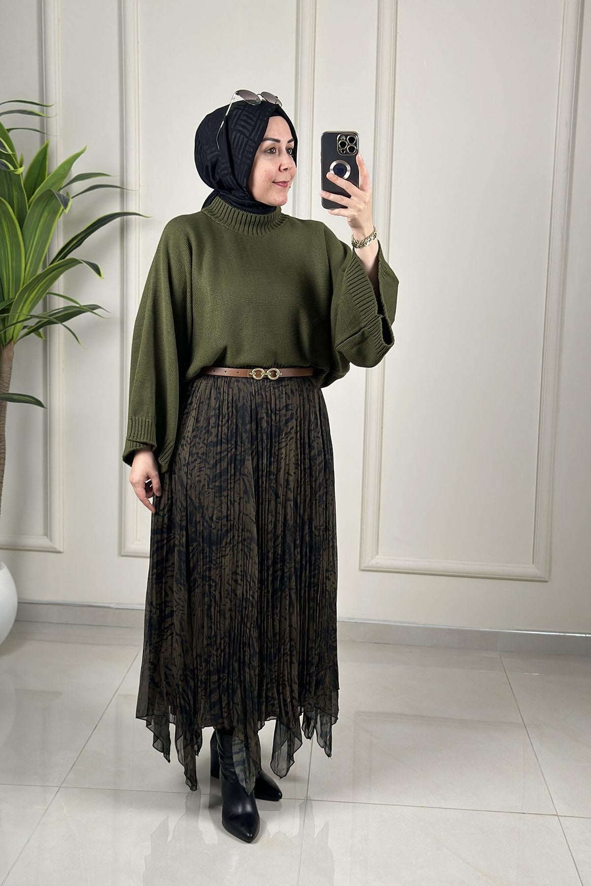 Tesettür Tunik ModelleriTriko Yarasa Kol Kadın Bluz Haki SAGA 906090