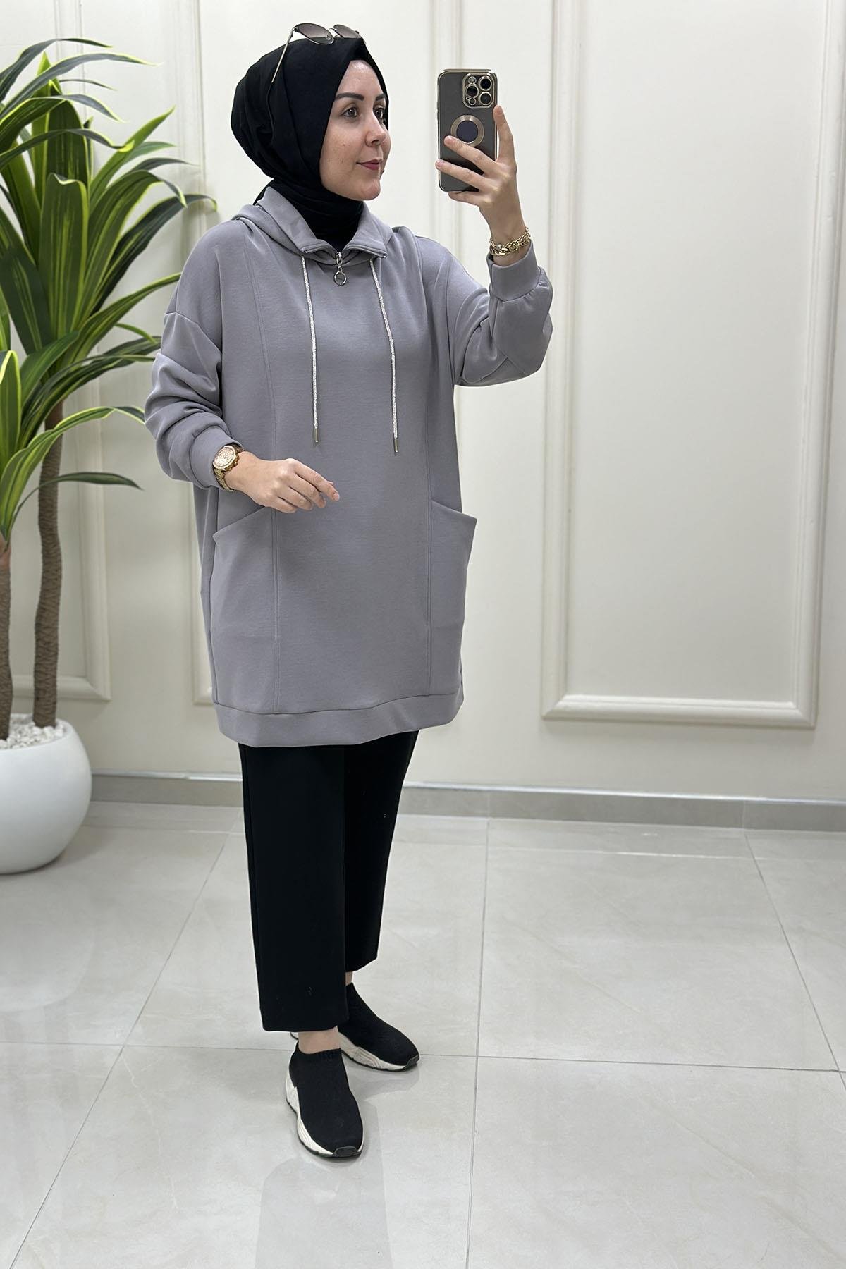 Tesettür Tunik ModelleriYaka Fermuarlı Taş İpli Önü Cepli Oysho Kadın Tunik Gri MSE 3069