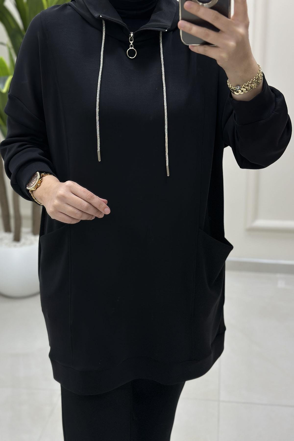 Tesettür Tunik ModelleriYaka Fermuarlı Taş İpli Önü Cepli Oysho Kadın Tunik Siyah MSE 3069