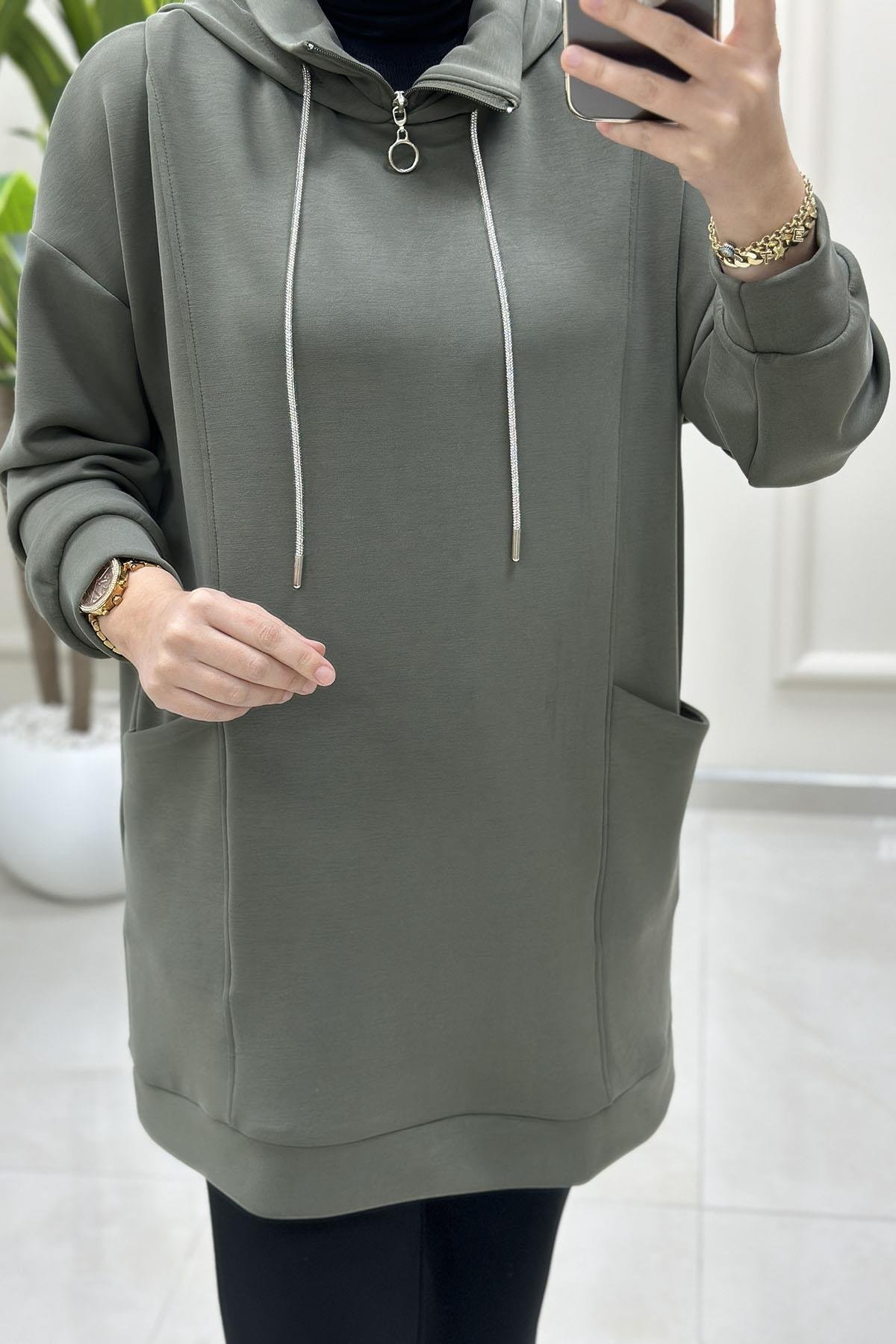 Tesettür Tunik ModelleriYaka Fermuarlı Taş İpli Önü Cepli Oysho Kadın Tunik Haki MSE 3069