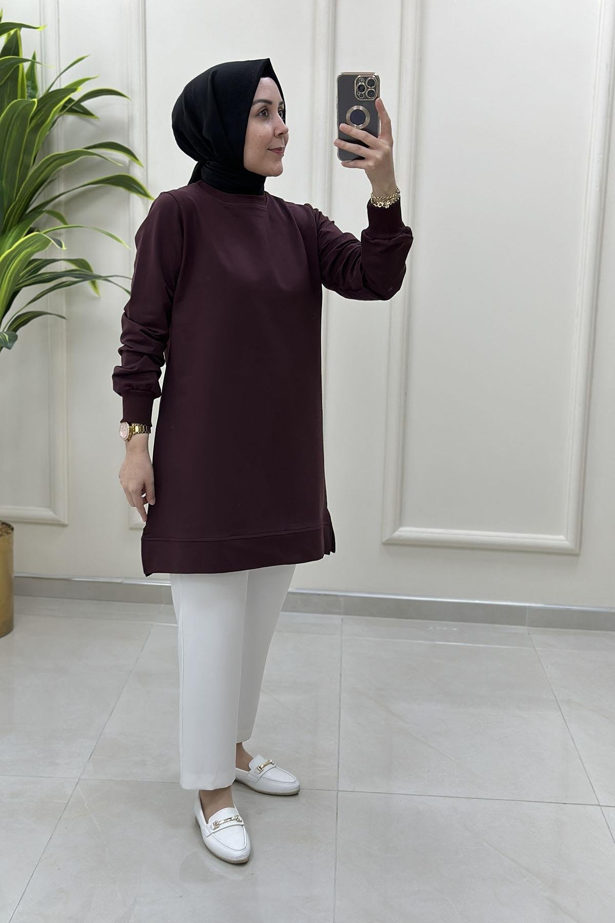 Tesettür Tunik ModelleriYaka ve Kol Ribana Detaylı Kadın Tunik Koyu Bordo AKAY 107