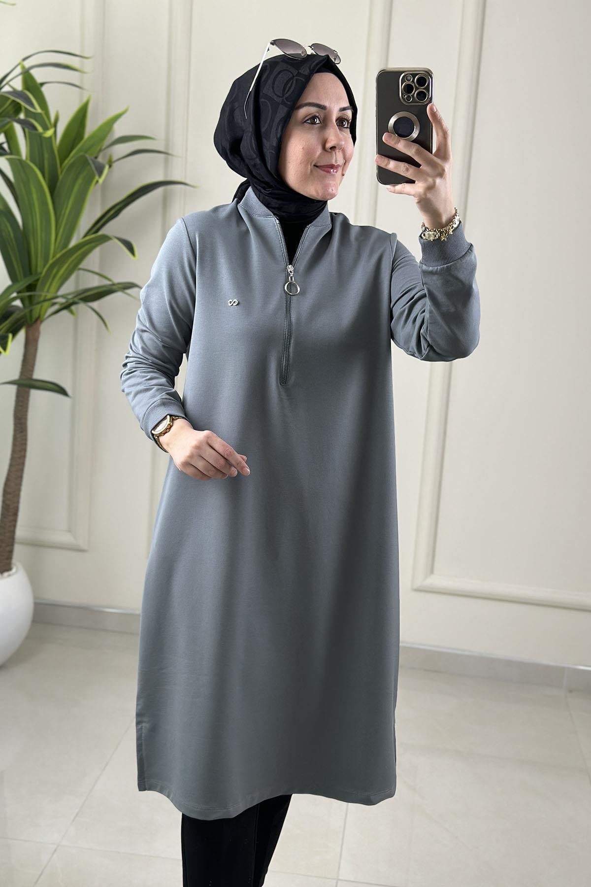 Tesettür Tunik ModelleriYaka ve Kol Ribanalı Önü Fermuarlı Kadın Tunik Mint Yeşili KADO 262630