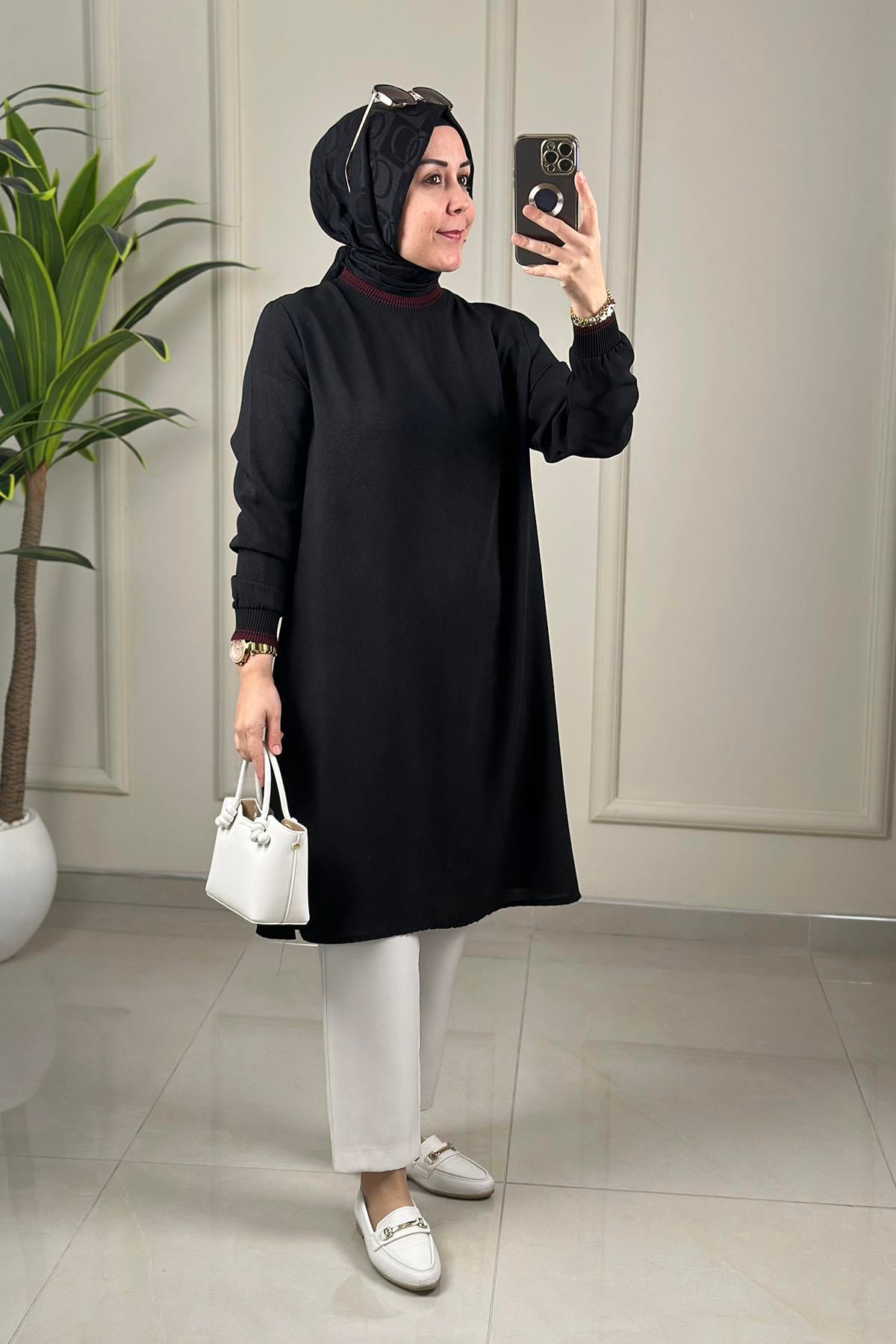 Tesettür Tunik ModelleriYaka ve Kol Ribanalı Renk Garnili Kadın Tunik Siyah KADO 262642