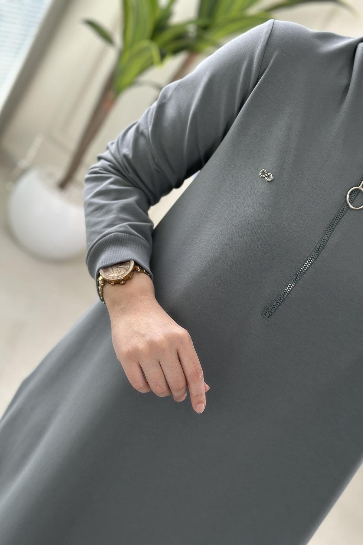 Tesettür Tunik ModelleriYaka ve Kol Ribanalı Önü Fermuarlı Kadın Tunik Mint Yeşili KADO 262630
