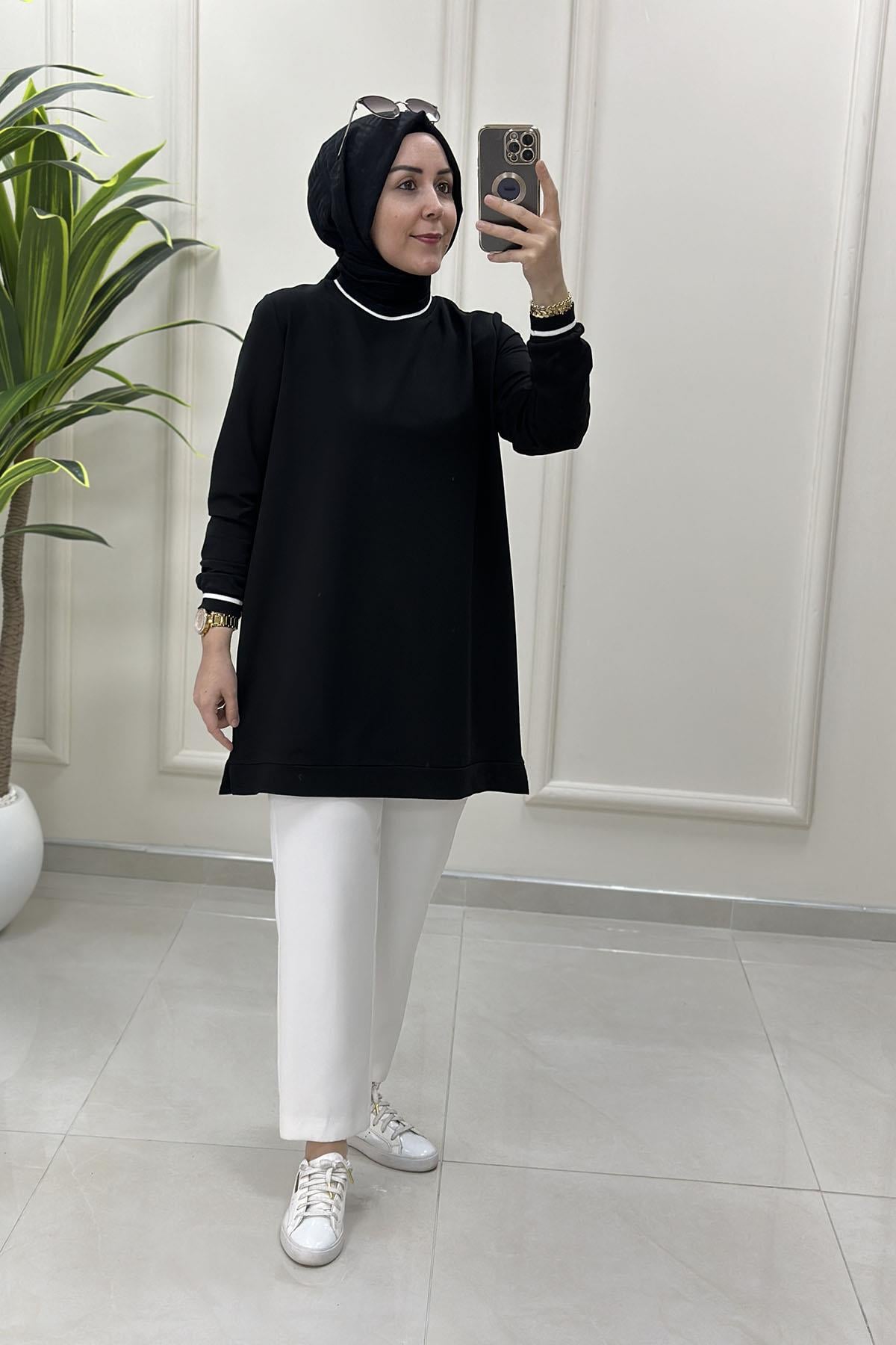 Tesettür Tunik ModelleriYaka ve Kol Ribanalı Basic Kadın Tunik Siyah KADO 257580