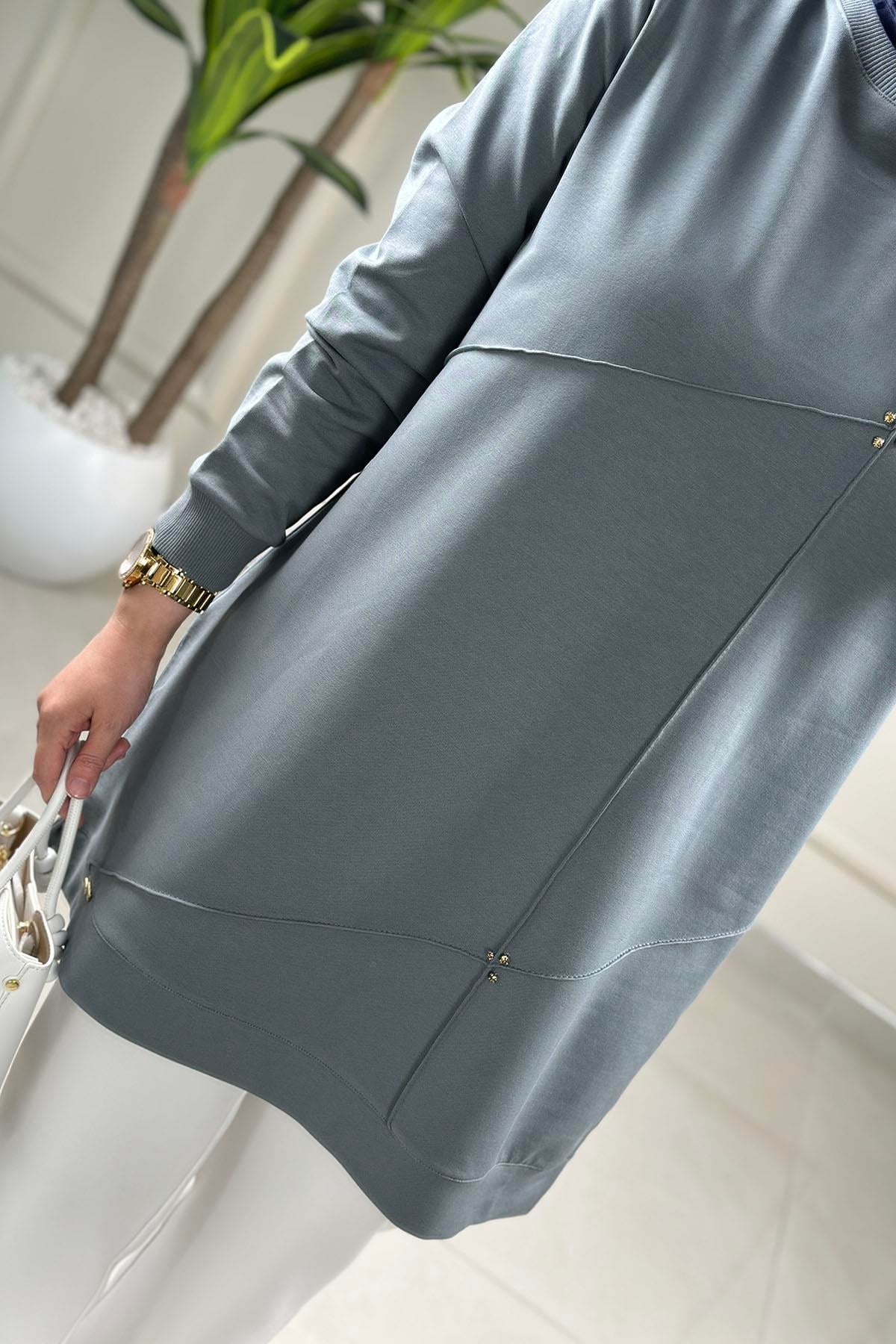 Tesettür Tunik ModelleriYaka ve Kol Ribanalı Önü Nervürlü Kadın Tunik Mint Yeşili KADO 262106