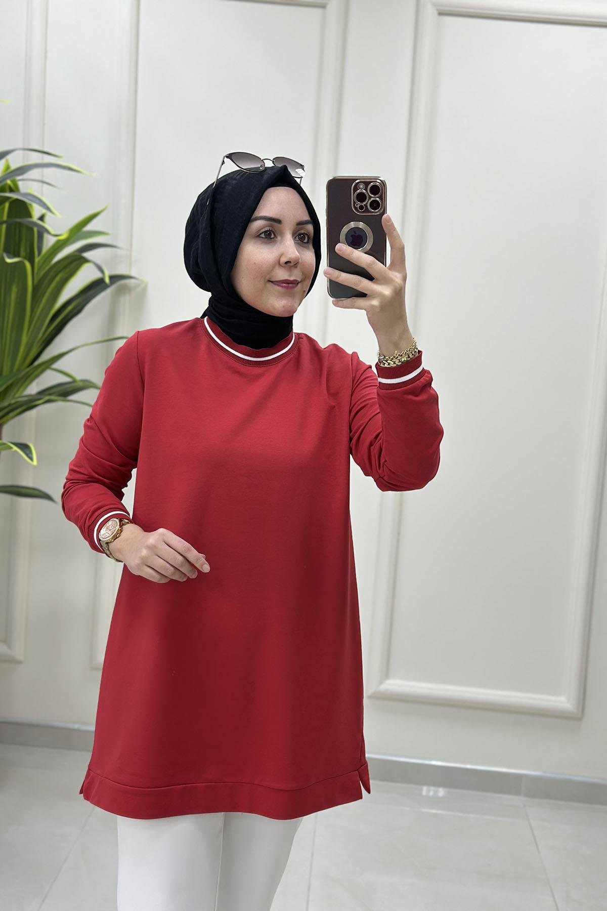 Tesettür Tunik ModelleriYaka ve Kol Ribanalı Basic Kadın Tunik Kırmızı KADO 257580