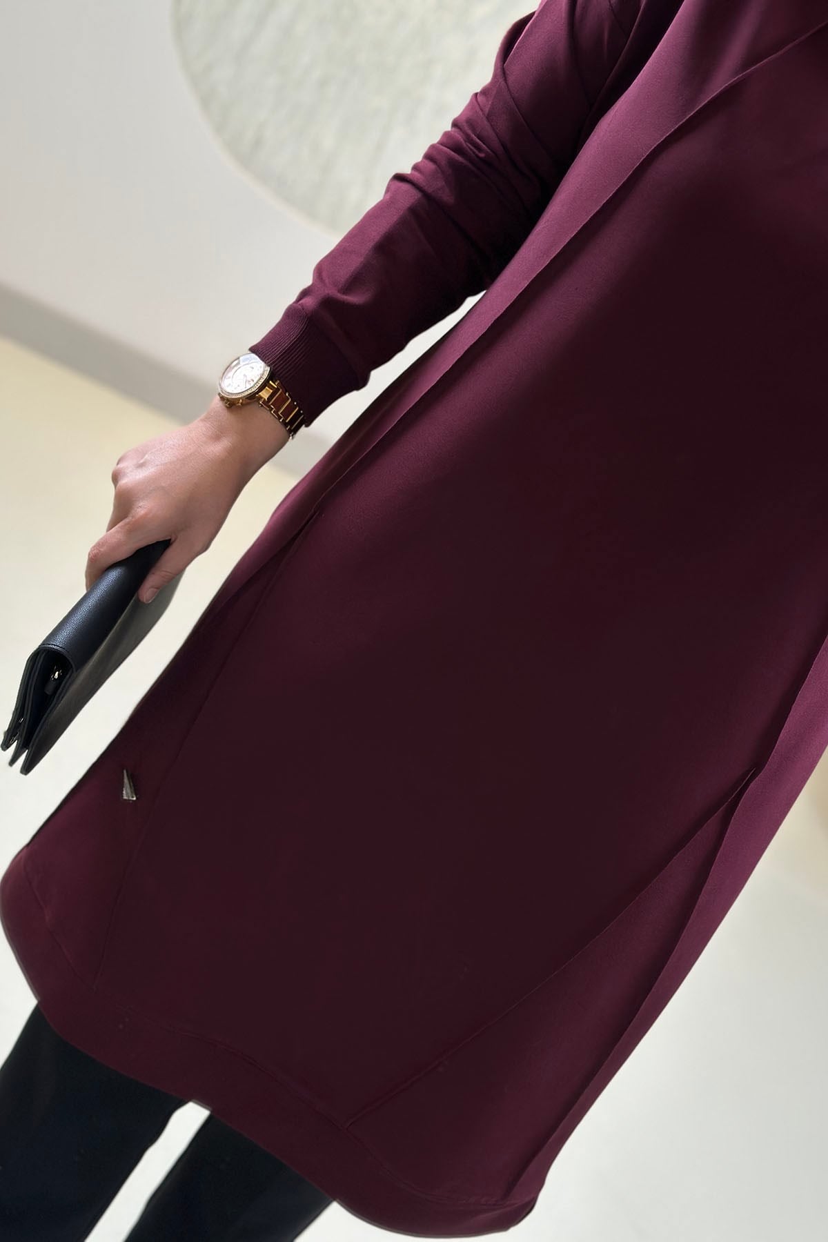 Tesettür Tunik ModelleriYaka ve Kol Ribanalı Nervürlü İki İplik Kadın Tunik Bordo KADO 268476 